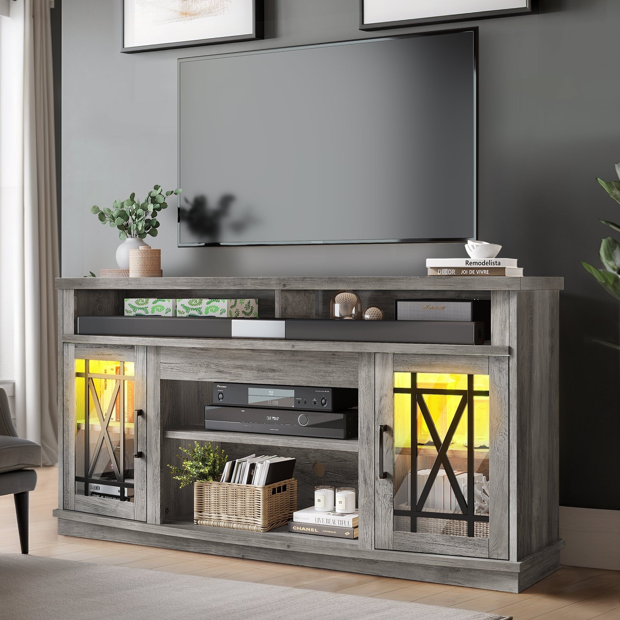 Farmhouse TV Stand for 70 in TV W/ LED Lights Entertainment Center Media Console Thanksgiving Christmas Halloween Day Gift