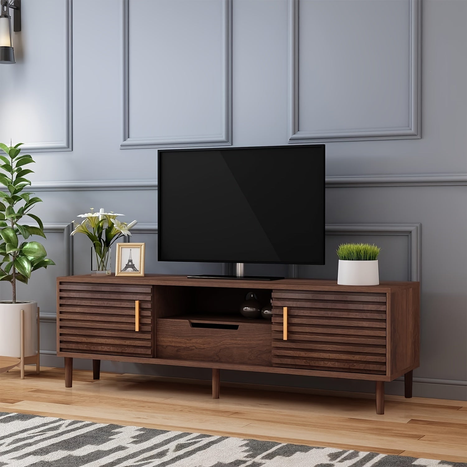 59" Mid Century TV Stand For 65+ Inch TV, Mid Century Modern TV Media Console, Entertainment Center With Sliding Door, Drawer, Storage Shelves, Boho Television Stand For Living Room, Bedroom, Office, Brown TV Stand, Flute TV