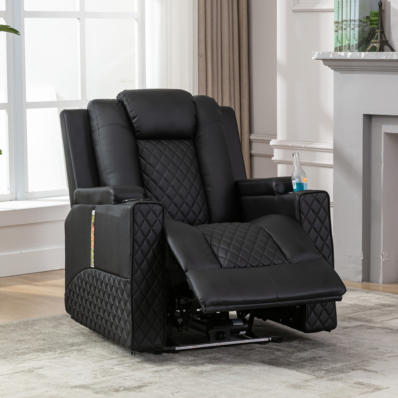 Electric Recliner for Adults, Faux Leather Massage Sofa Chair with Cup Holder and LED Lighting, Remote Control Powered, Solid Back, Sponge Filled, Metal Frame, 110-240V US Plug, Ideal for Living Room Home Theater, Recliner Ch