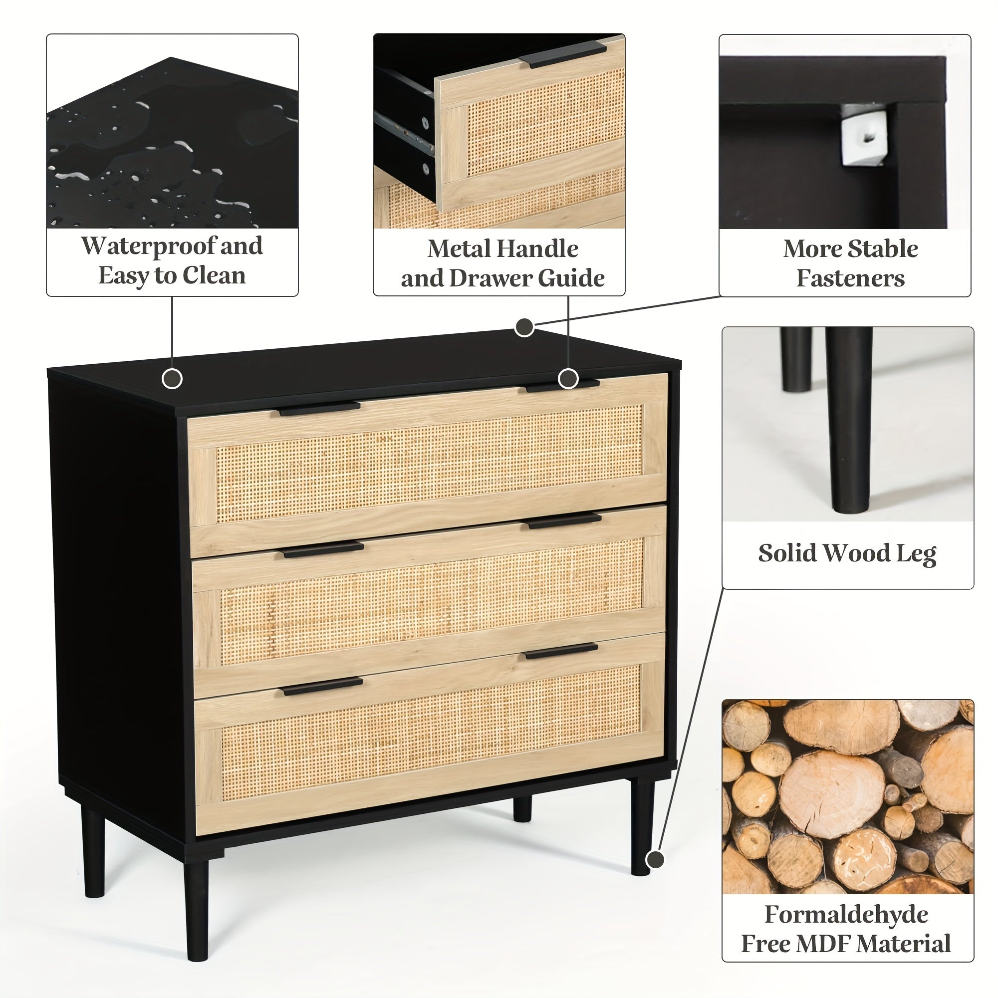 3 Drawer, Rattan Dresser Modern Closet Dressers Chest Of Drawers, Wood Black Storage Chest For Kids, Hallway, Living Room