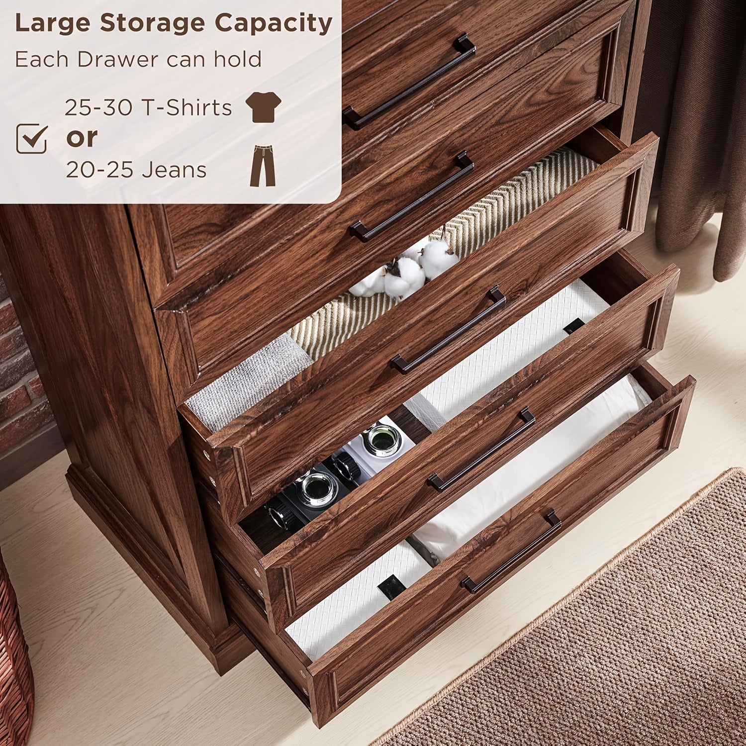Rustic 5-Drawer Wooden Dresser Chest 117cm Tall with Wide Metal Handles Natural Texture Finish Ideal for Bedroom Living