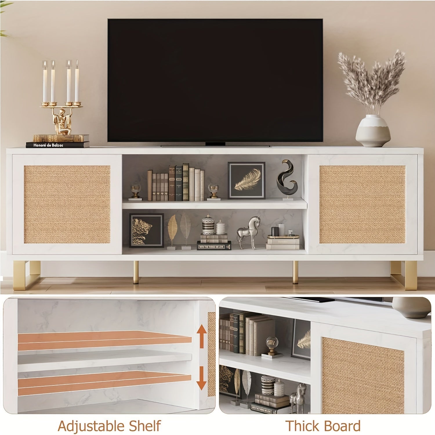 Mid Century Modern TV Stand For 65 Inch, White And Golden TV Stand For Living Room, Rattan Entertainment Center With Storage, Media Console With Slide Doors And Adjustable Shelf For Bedroom