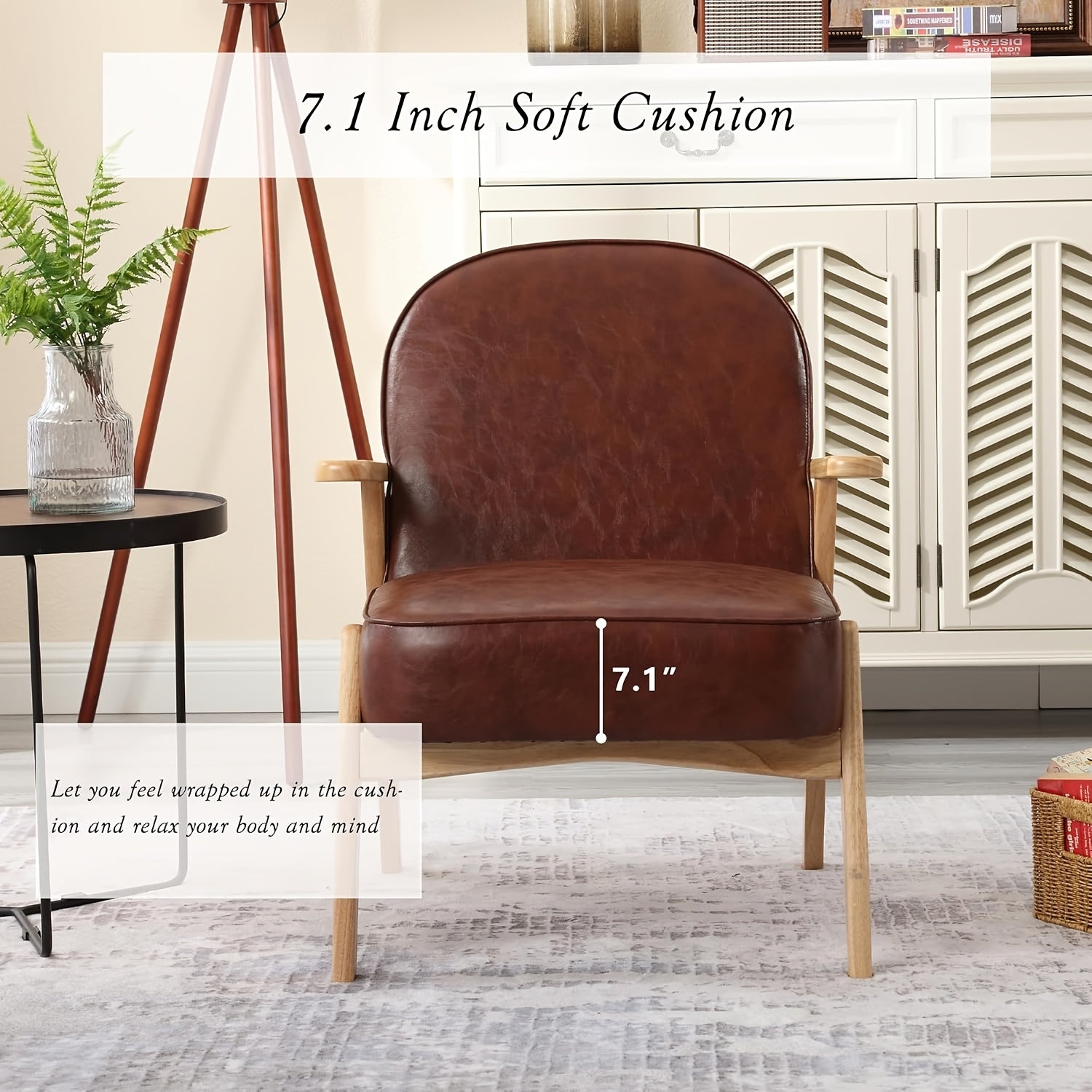 Modern Faux Leather Upholstered Accent Chair, Mid Century Arm Living Room Chair With Solid Wood Legs, Upholstered Reading Leisure Chair With High Back For Bedroom Belcony Sunroom