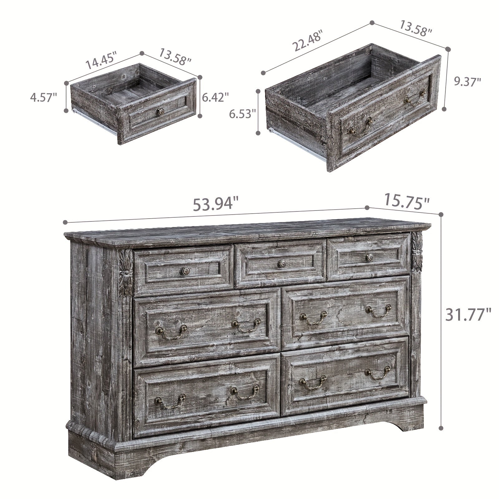 Farmhouse Dresser For Bedroom, 54" Wide 7 Drawers Dresser, Wood Dresser For Bedroom, Grey 10 Chest Of Drawers With Thickened Wood Carving For Closet, Hallway