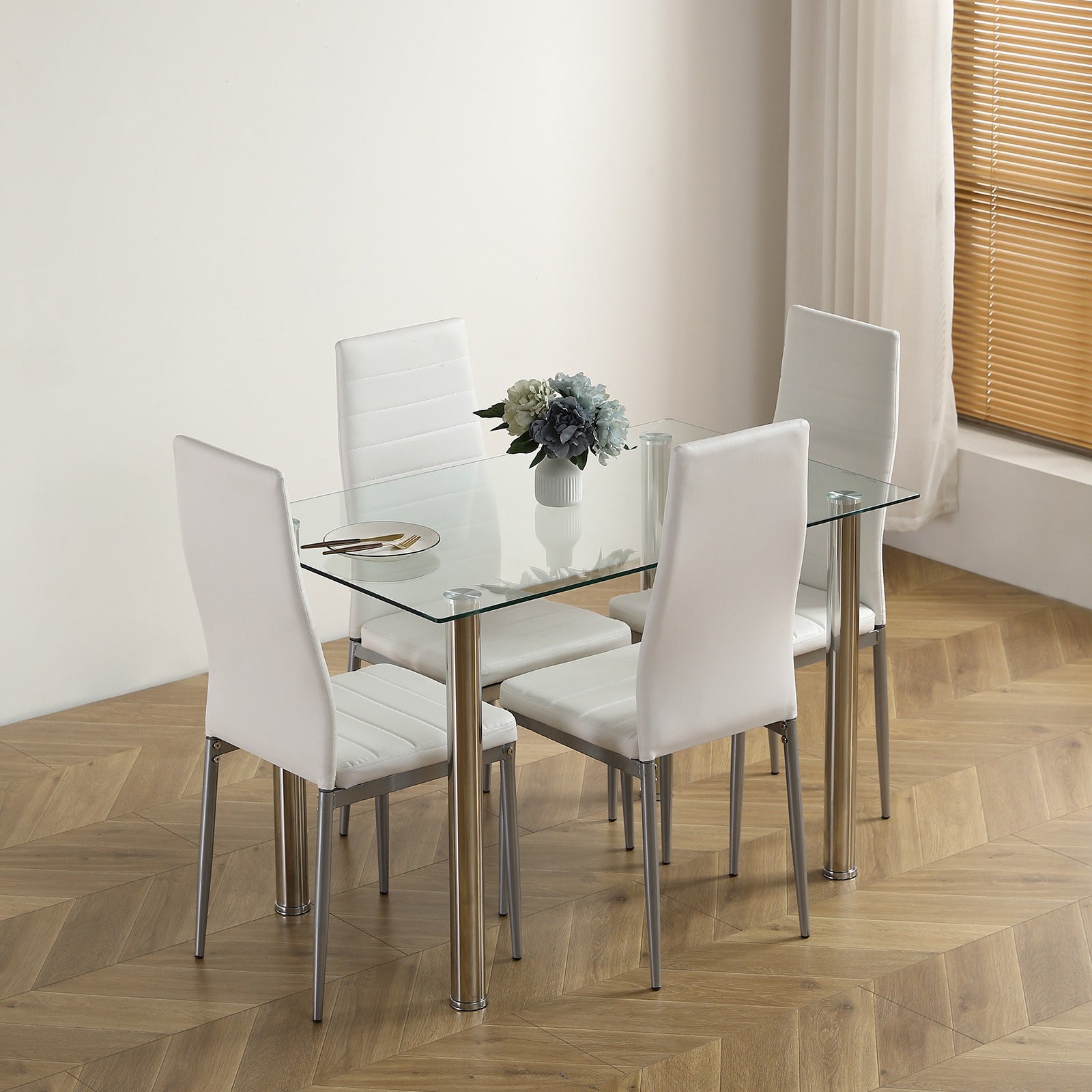 Modern Dining Table Set with 1 Glass Dining Table and 4 Leather Chairs 5pcs Dining Table Set for Kitchen & Breakfast