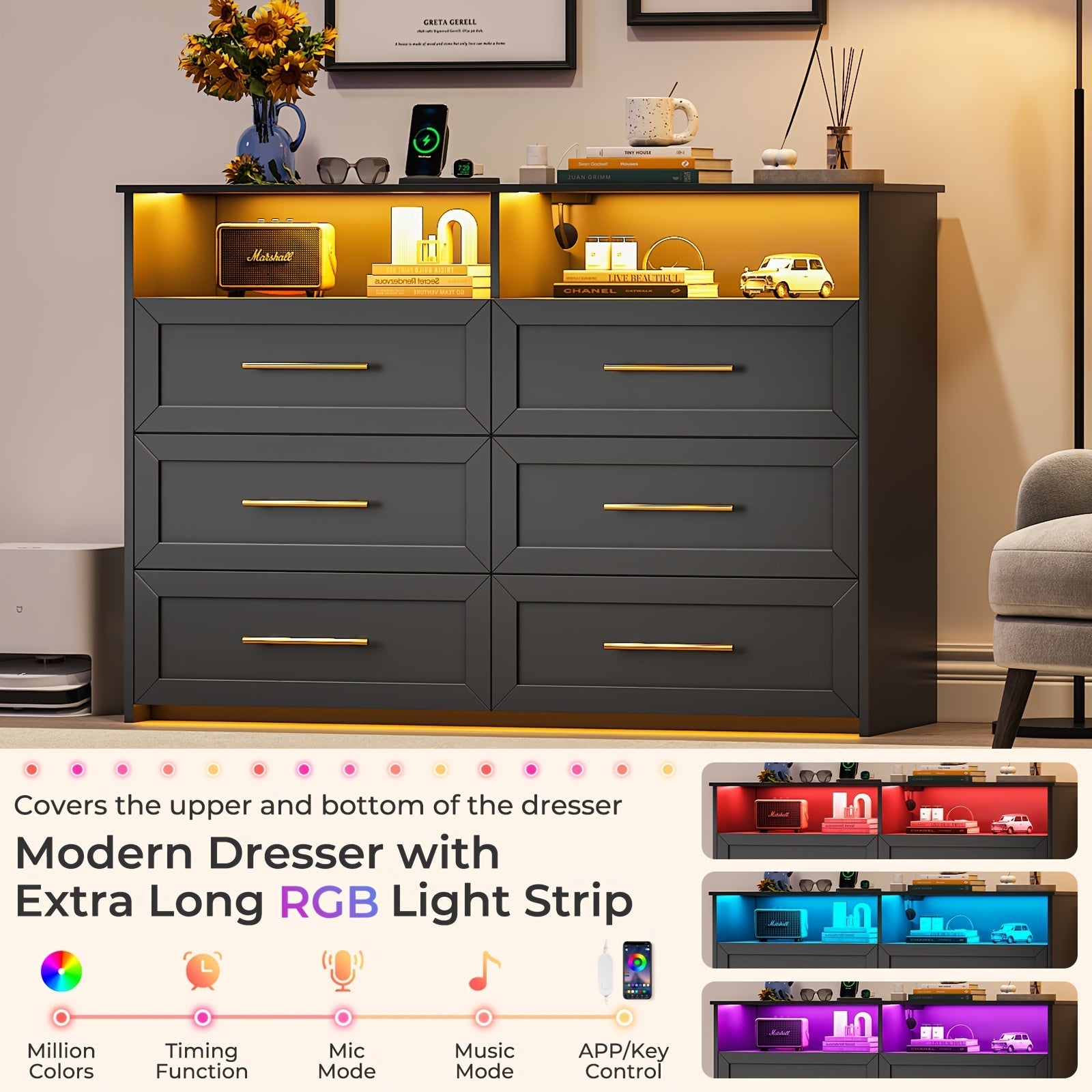 6 Drawer Wide Dresser for Bedroom, Modern Dresser with Led Light (Black)