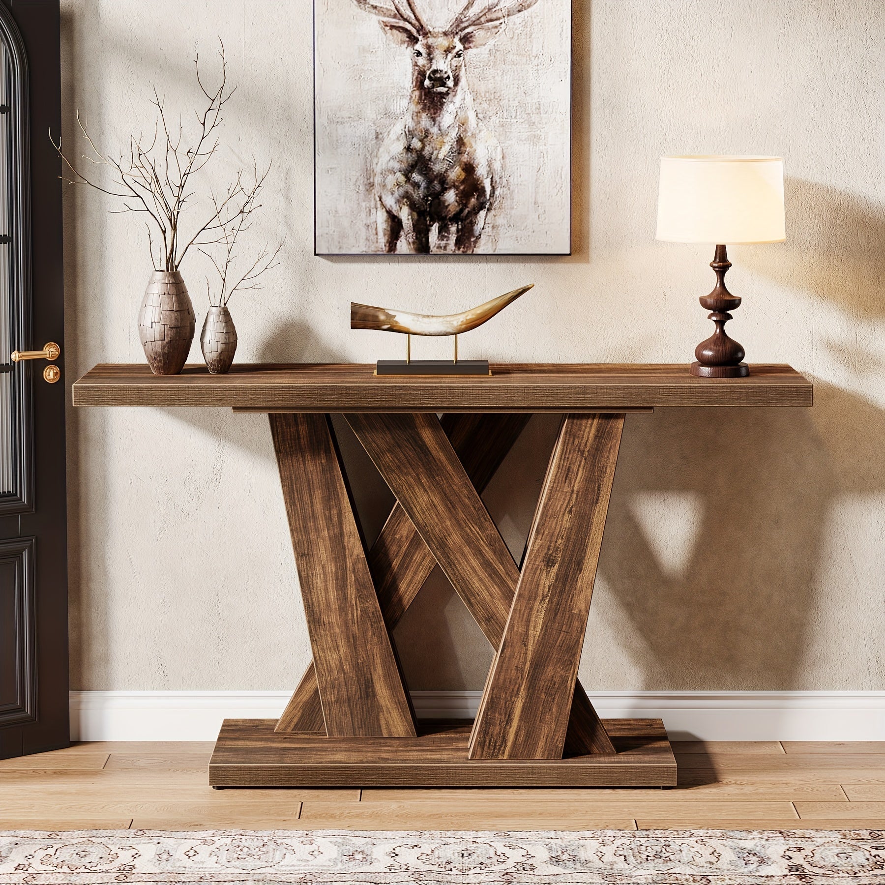 55-Inch Farmhouse Console Table, Entryway Table With Geometric Base, Narrow Sofa Table Rustic Wood Hallway Table For Entrance, Living Room, Foyer