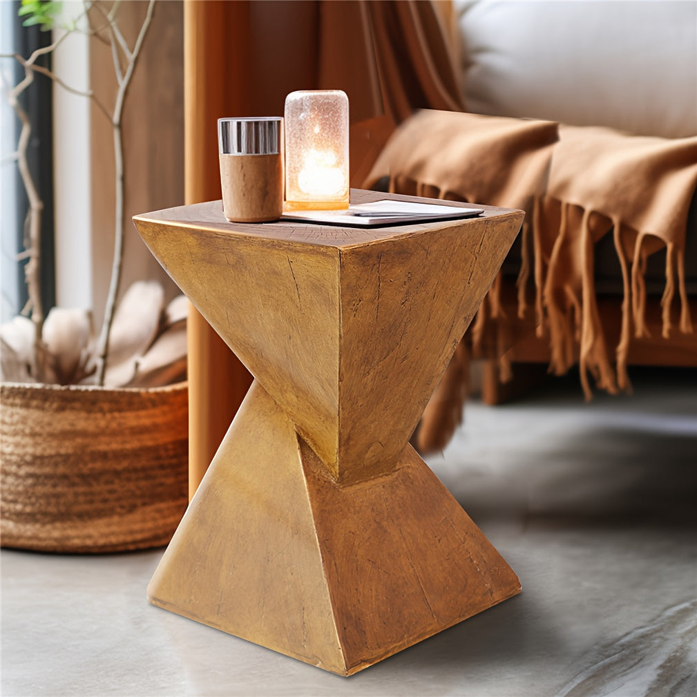 Versatile Z-Shaped Side Table - Lightweight Concrete, Square Top End Table with Twist Stool Feature for Outdoor & Indoor Use, Natural Wood Finish, AESOME