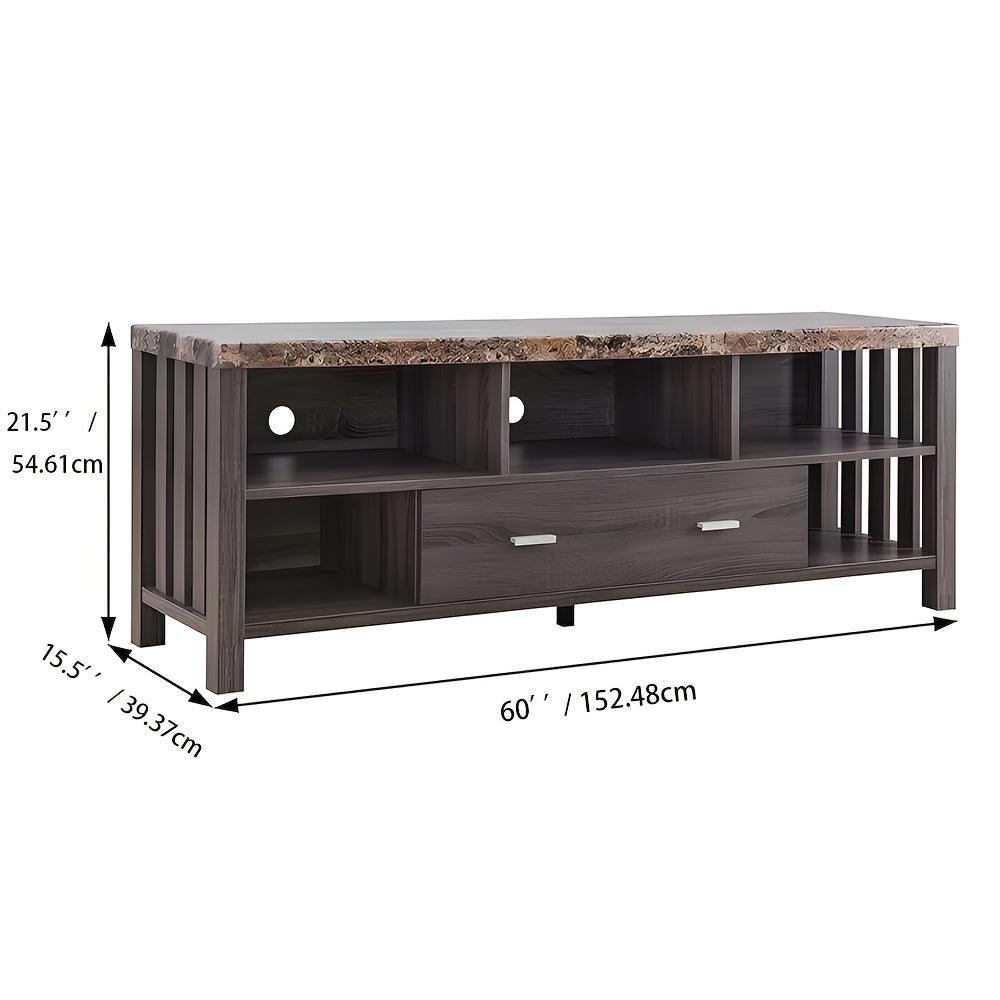 Home, Livingroom 60" TV Stand with Drawer& Five Open Shelves- Faux Marble Yellow& Distressed Grey