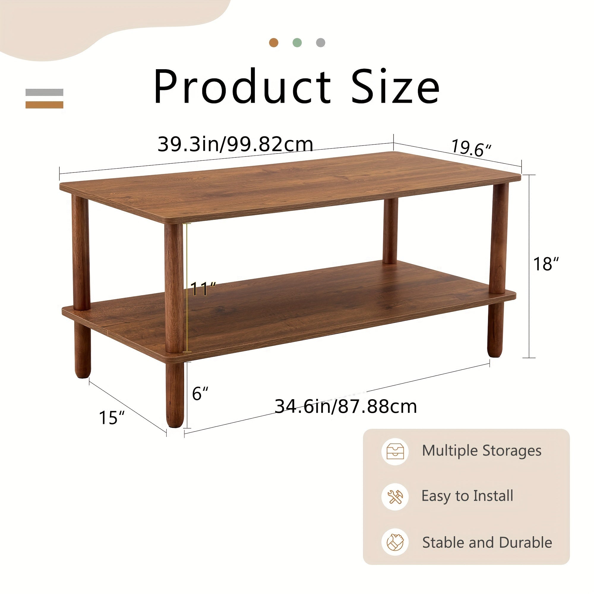 1pc Rustic Style 2-Tier Coffee Table with Open Storage Shelf - Engineered Wood Frame, Walnut Finish, Space-Saving Rectangular Center Table for Living Room, Easy Assembly, Rubberwood Legs