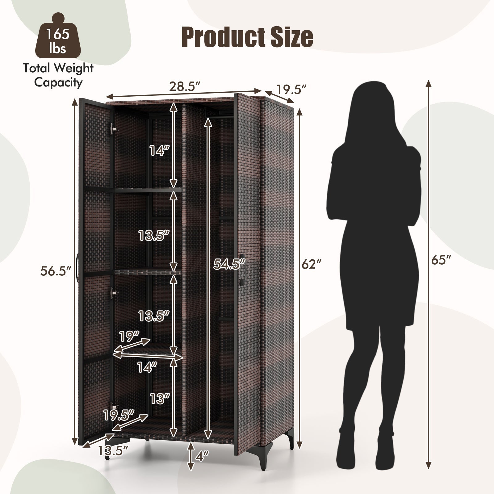 Wicker Wardrobe with 2 Doors, 62" PE Rattan Wardrobe Armoire Closet w/ Hanging Rod & 4 Storage Cubes, Clothes Organizer for Bedroom, Storage Cabinet for Home, Patio, Garage, Black/Mix Brown