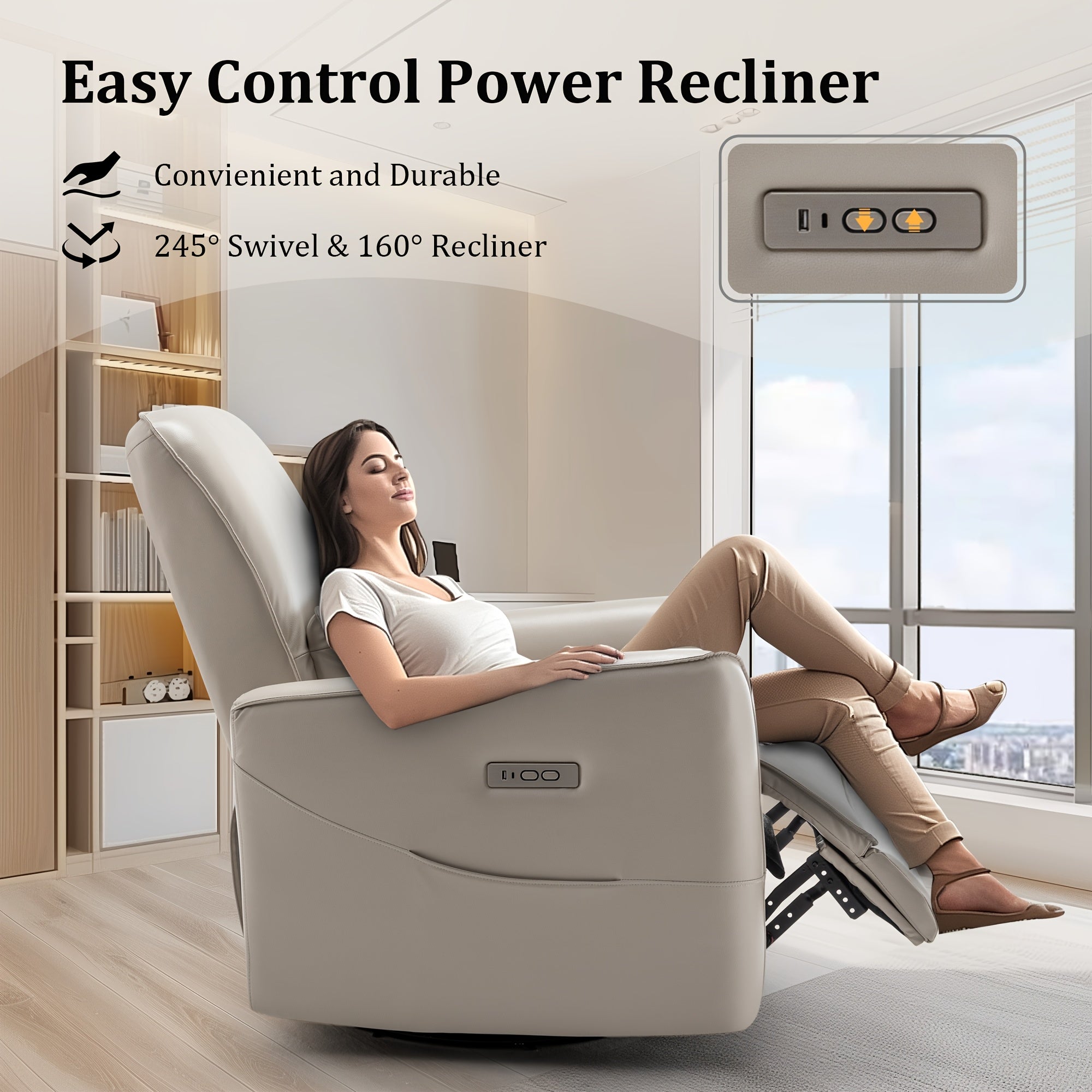 Luxurious Light Grey Electric Recliner Chair with Low Back Support, Power Swivel Action, USB Ports, and Streamlined Side Pockets - Ergonomic Design for Comfortable Living in Bedroom or Living Room, Chair for Living Room