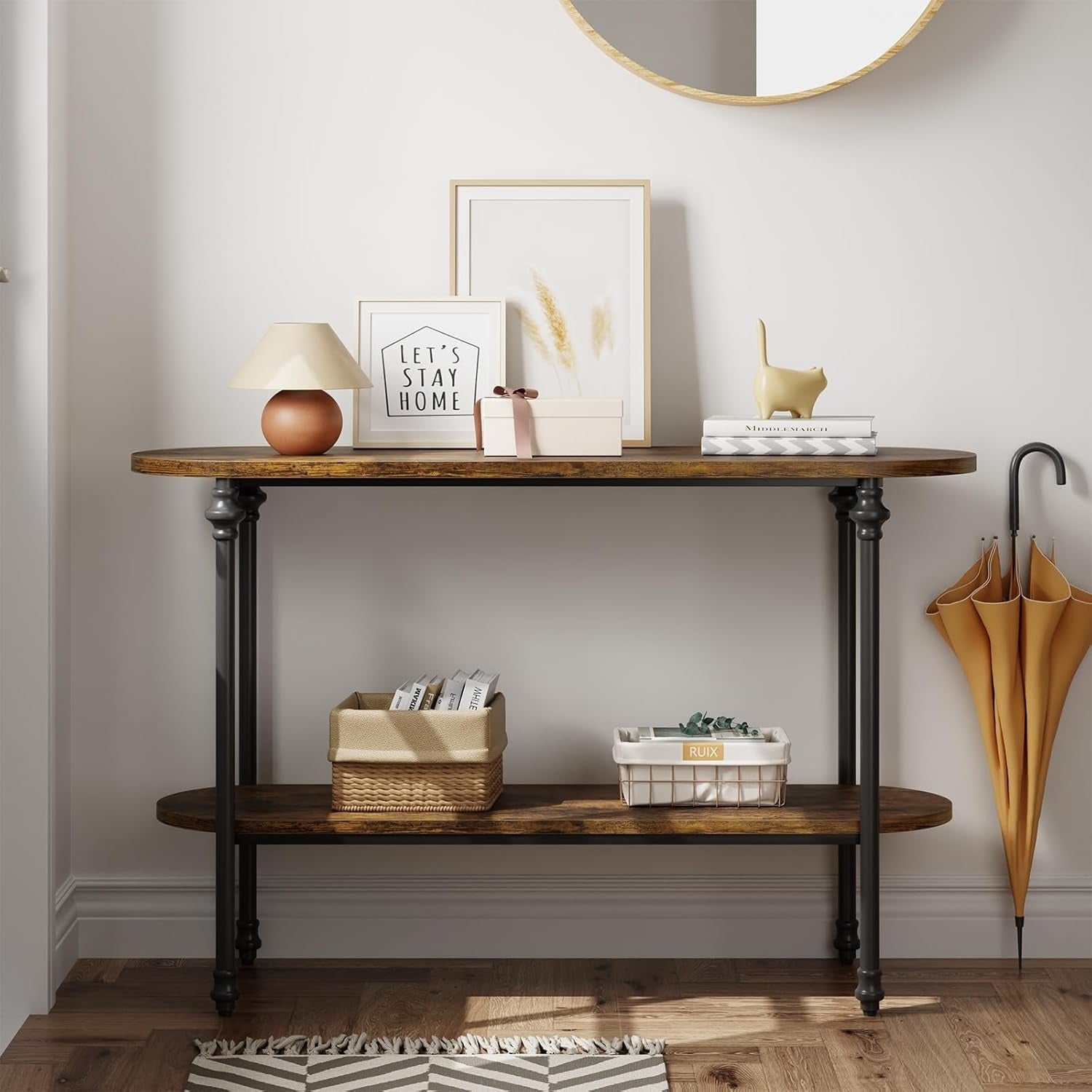 Entryway Table, 43.3" Long Console Table with Storage, 2 Tier Wood Console Table with Metal Frame and MDF, Sofa Tables Behind Couch, Hallway Table for Foyer-Rustic Brown