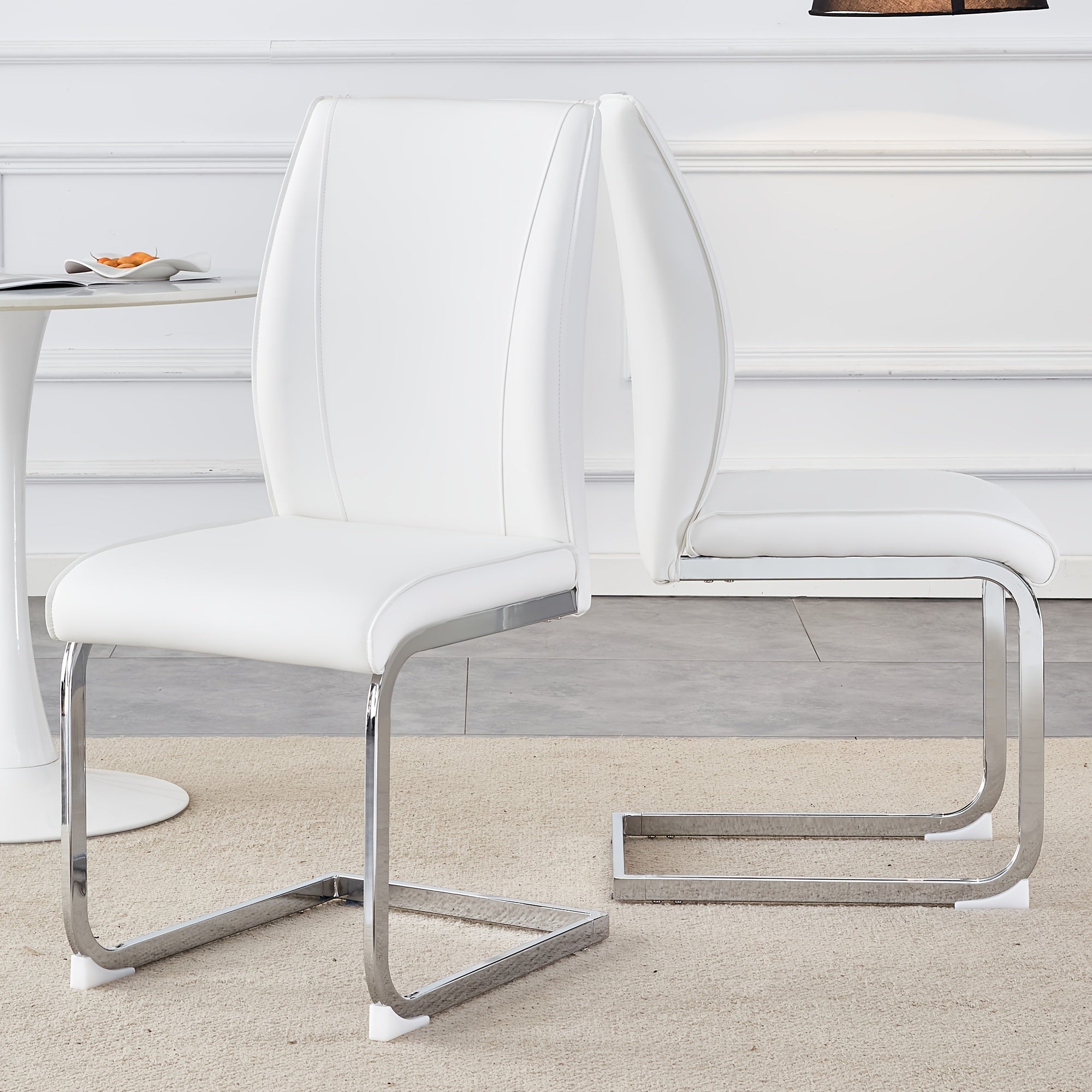 Dining Chairs Set Of 2, White Faux Leather Dining Chairs, Upholstered Kitchen Chairs With High Back, Modern Armless Side Chairs With Sturdy Chrome Plated Metal Legs For Living Room, Easy To Install And Clean, Christmas New Pr