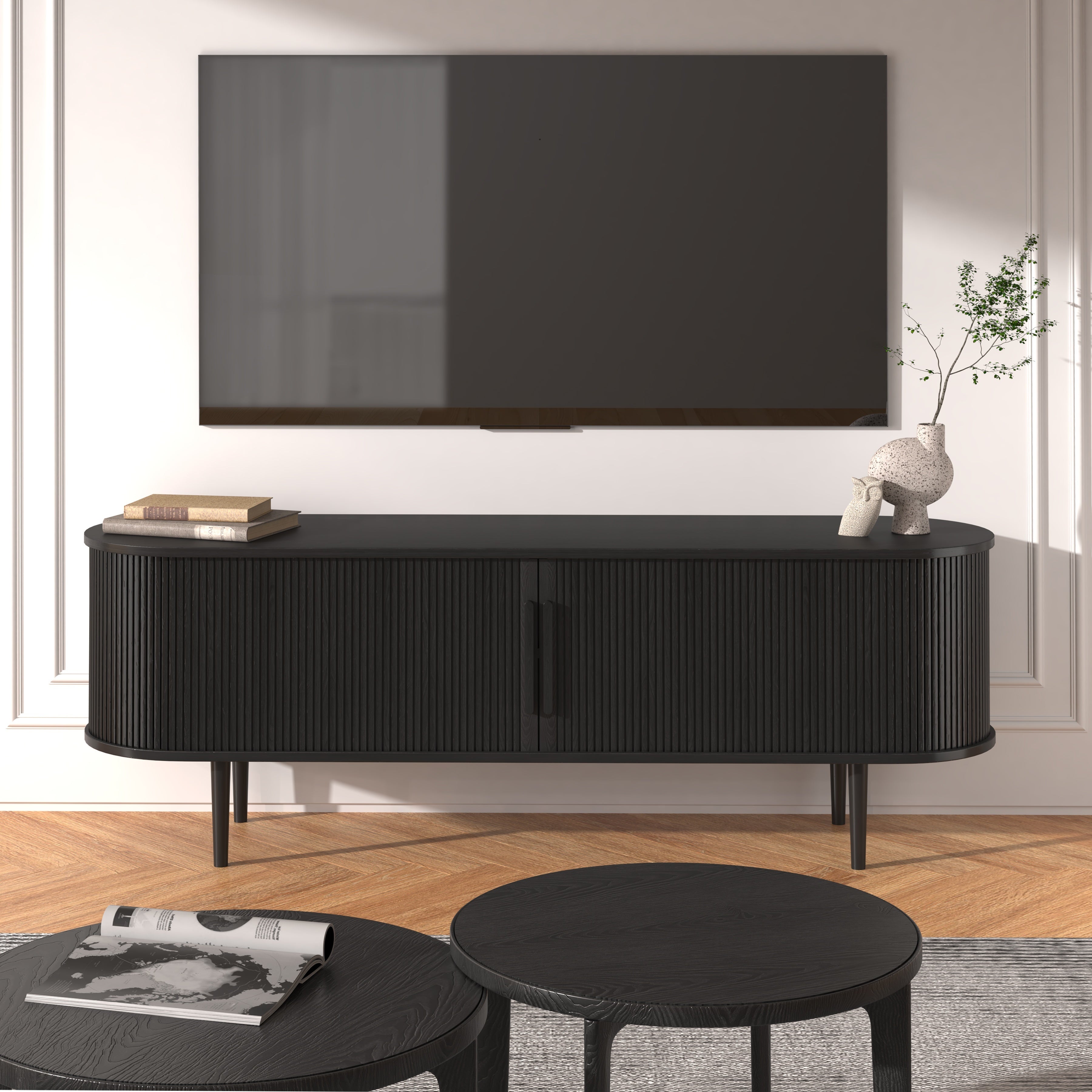 63''Black TV Stand, Two-door Storage Cabinet For Multi-Scene Use, Perfect For Living Room And Bedroom