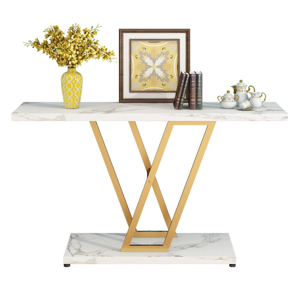 Console Table: 42-Inch Industrial Entryway Table for Living Room - Narrow Sofa Table with Sturdy Metal Frame, Easy Assembly in Elegant Golden/ White - Perfect for Holiday Decor and Creating a Warm, Welcoming Entrance This Sea