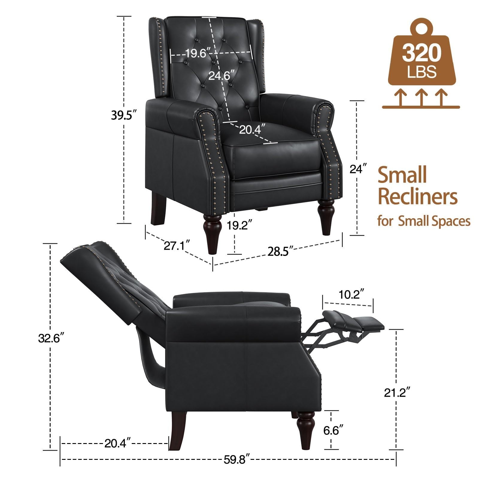 Faux Leather Recliner, Single Sofa Chair with Riveted Inlay and Tufted Buttons, Adjustable Back Armchair, Lazy Club Chair with Wooden Legs, Black