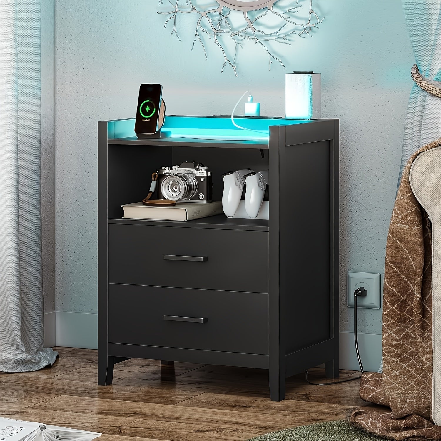 Nightstands for Bedroom, Black Night Stand Bedside Table with 2 Drawers&Open Storage for Living Room