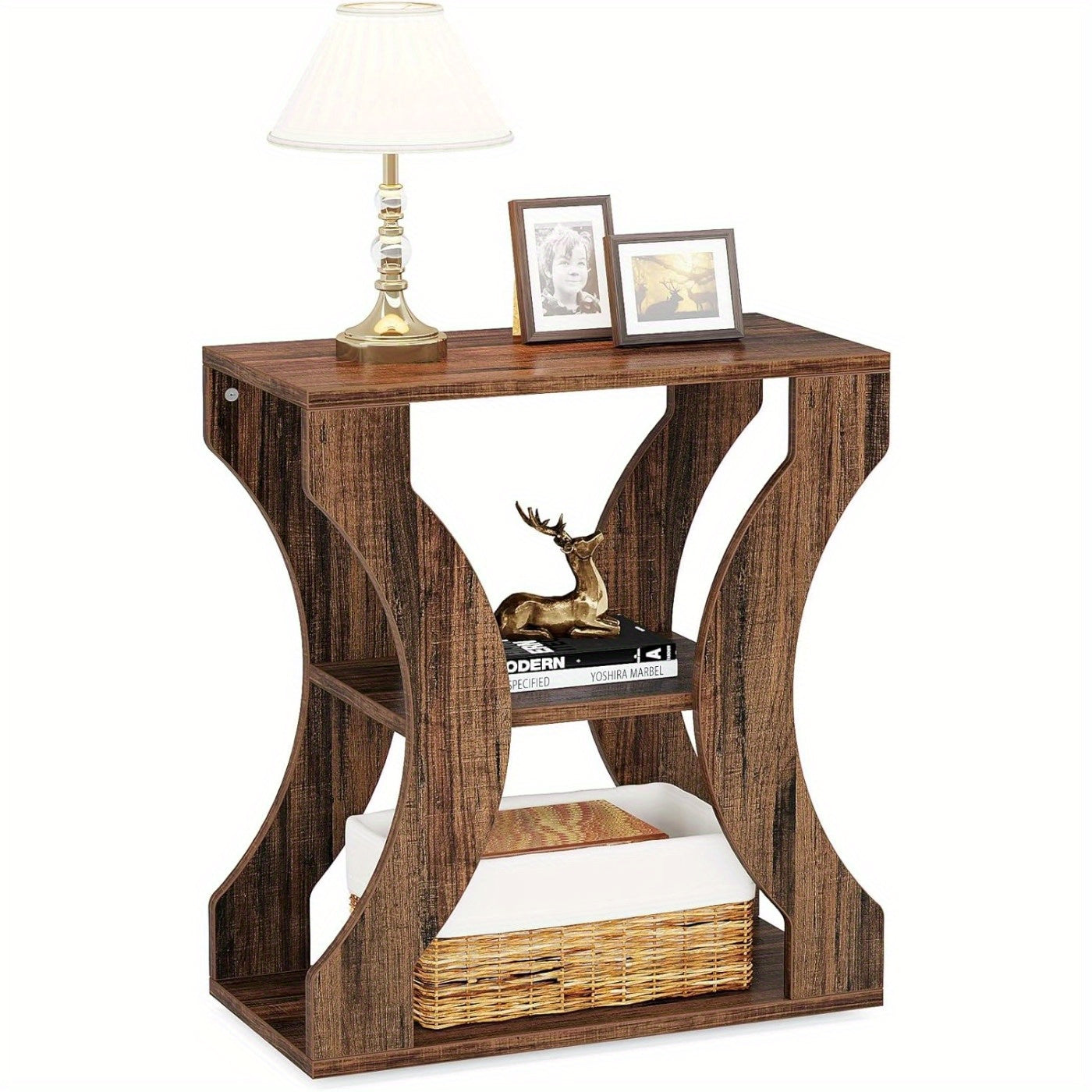 3-Tier Side Table with Storage Shelves, 24" Farmhouse End Table, Modern Wood Accent Table, Nightstand Bedside Table for Living Room, Bedroom, Ladder Racks, Storage and Organization