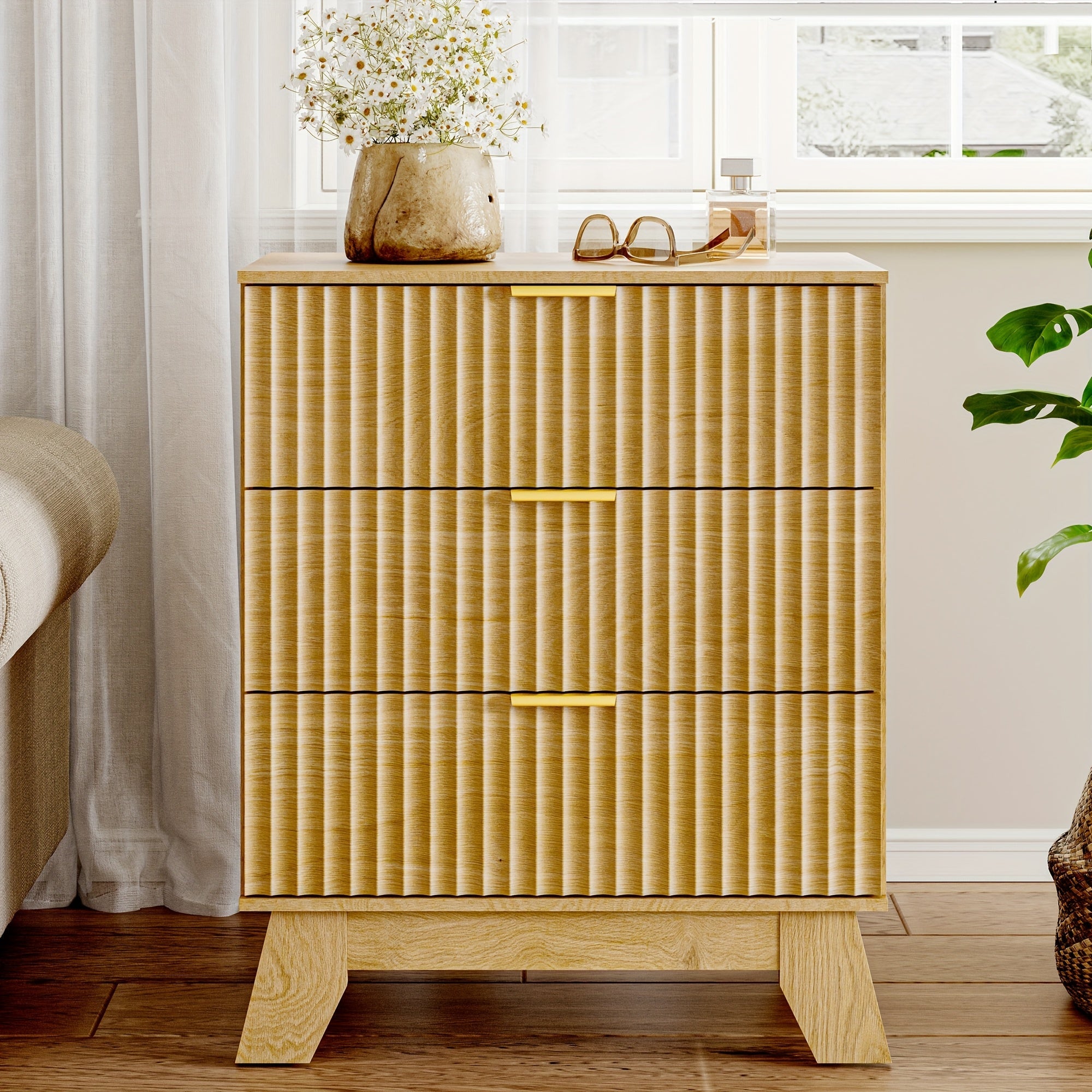 Elegant 3-Drawer White Wooden Dresser with Golden Handles - Modern Fluted Design Medium-Density Fiberboard Freestanding