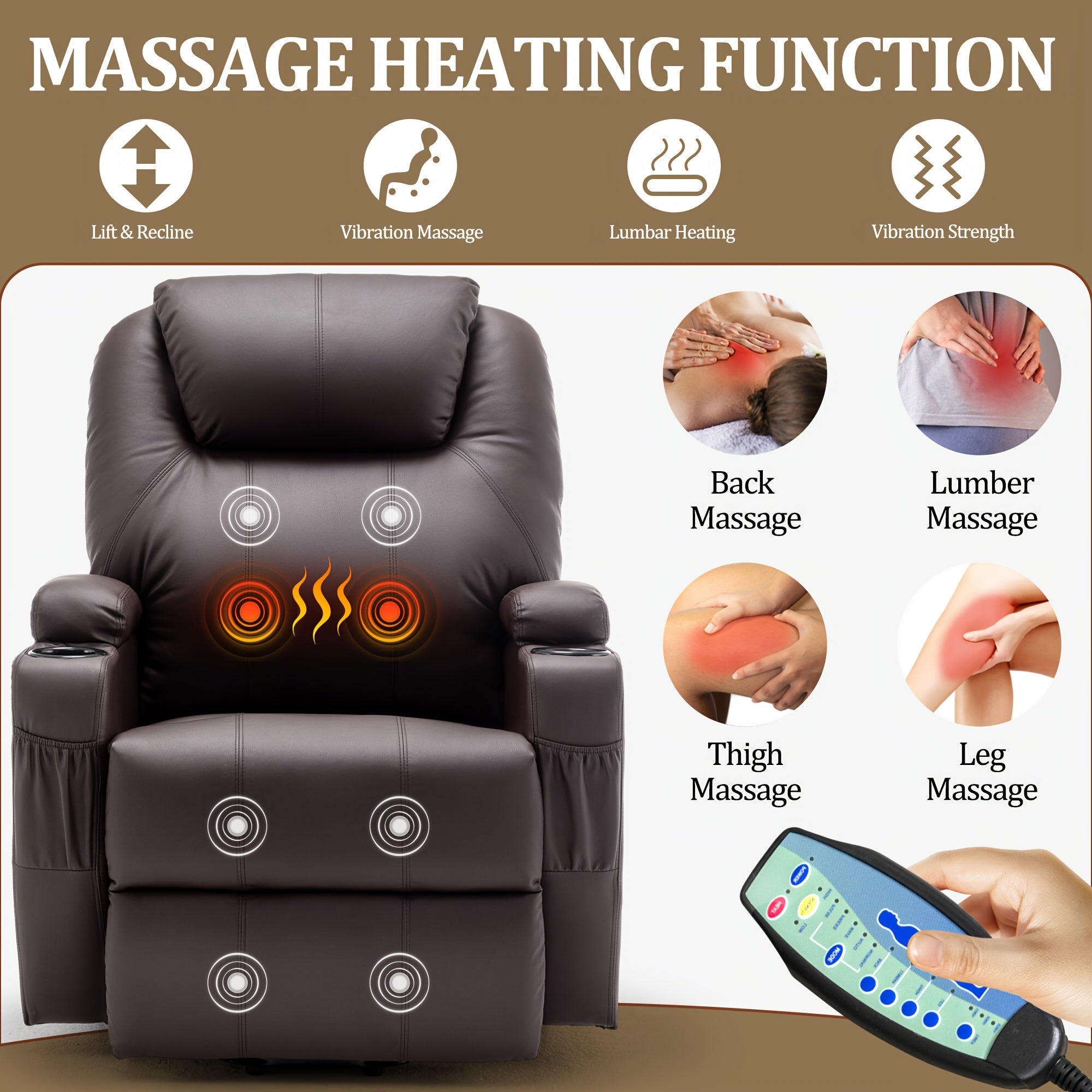 Faux Leather Power Lift Recliner Chair For Elderly And Adults, Electric Recliner With Massage And Heating, Recliner Chair With Remote Control And Cup Holder