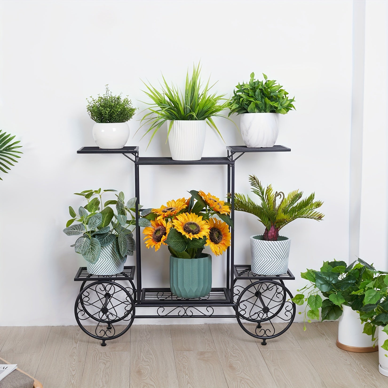 6-Tier Metal Garden Cart Stand Iron Plant Rack Home Porch Flower Display Holder