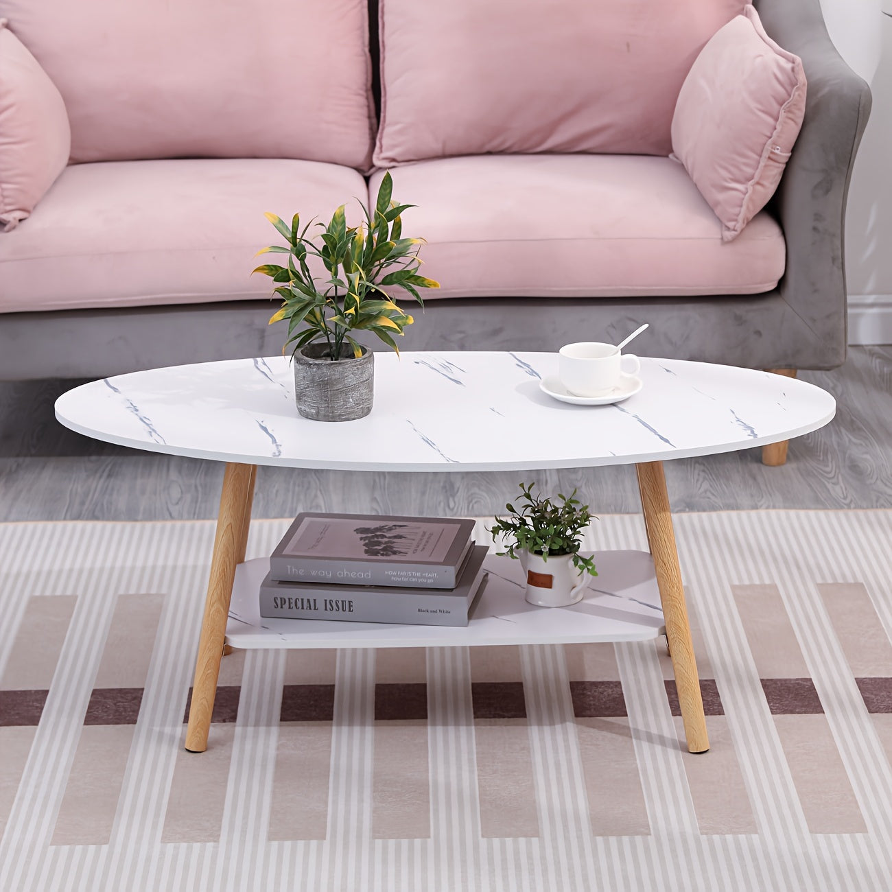 Modern Coffee Table Oval White Marble Effect, 2 Tier Cocktail Table Sofa Table with Storage Wood Legs