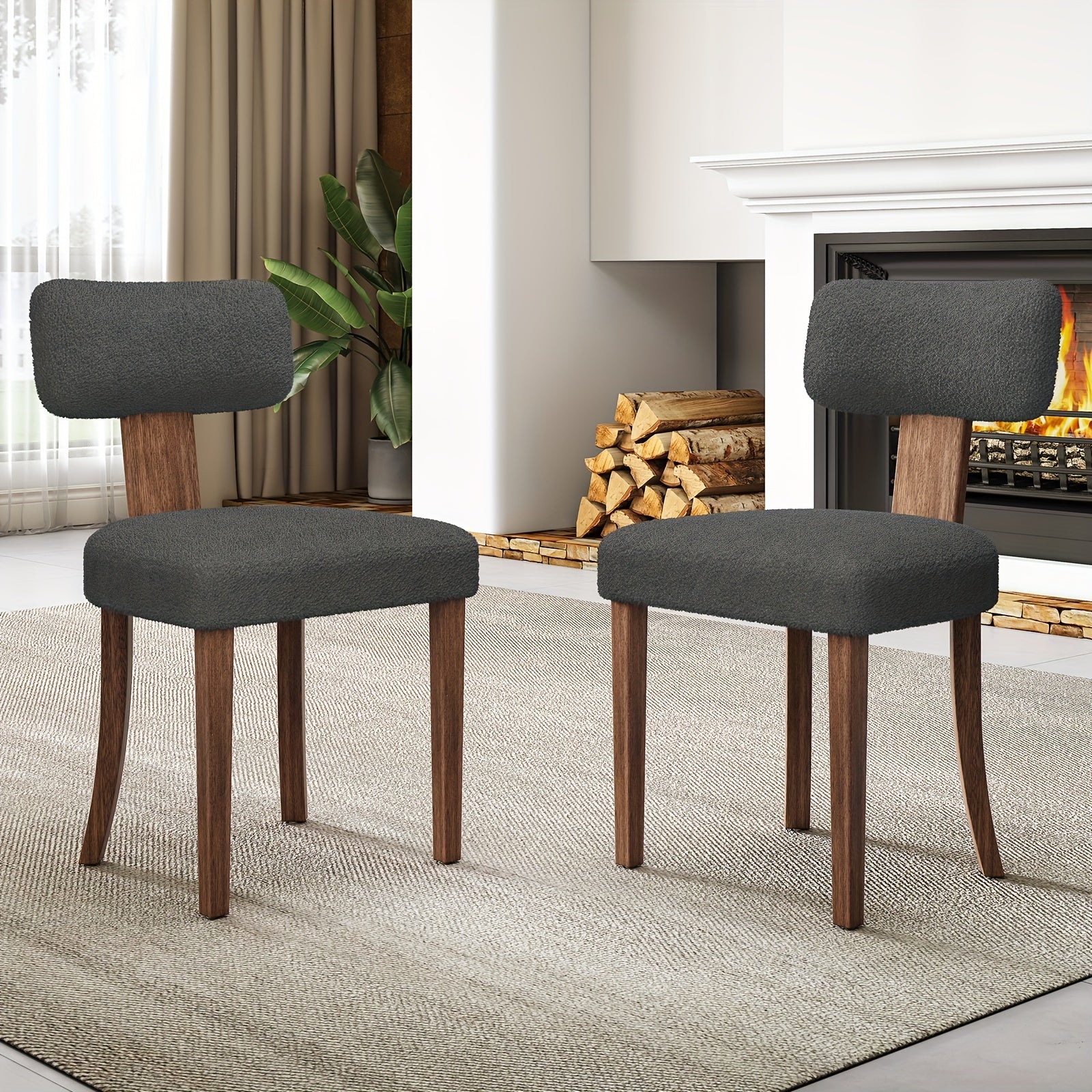 Set of 2 Modern Dining Chairs with Upholstered Curved Backrest and Boucle Seat, Hardwood Frame for Dining Table