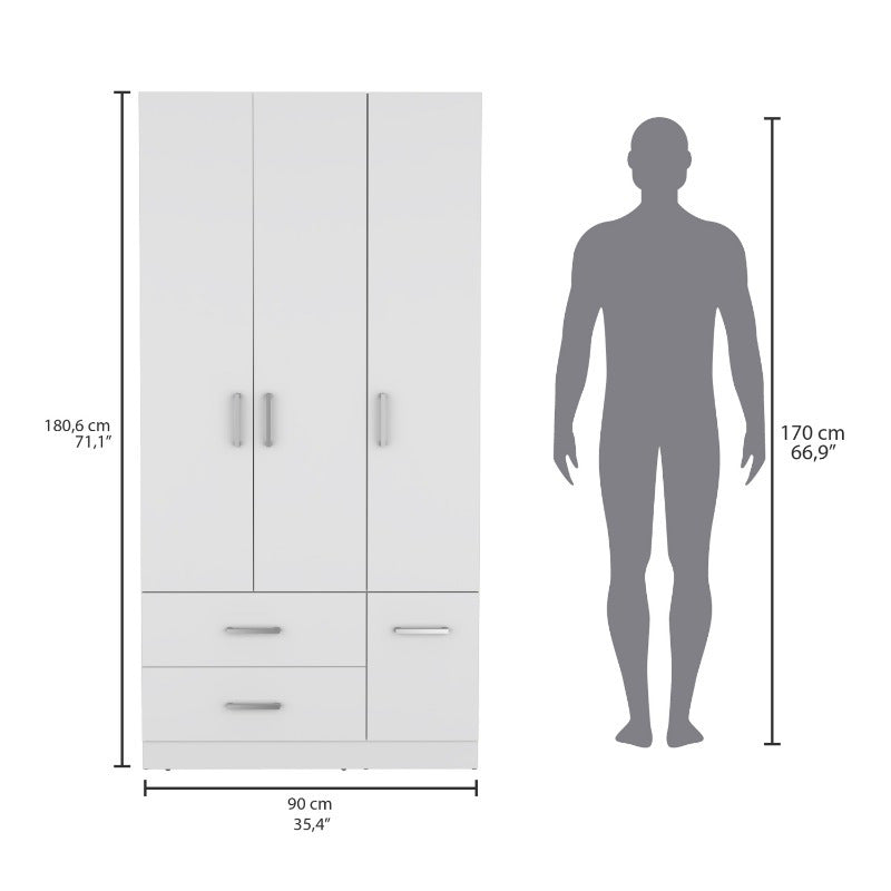 71" High Armoire Wardrove Closet with 2 Drawers, Four Doors, Three Cabinet, Six Shelves and Hanging Rod, Bedroom Clothes Storage Cabinet Organizer White