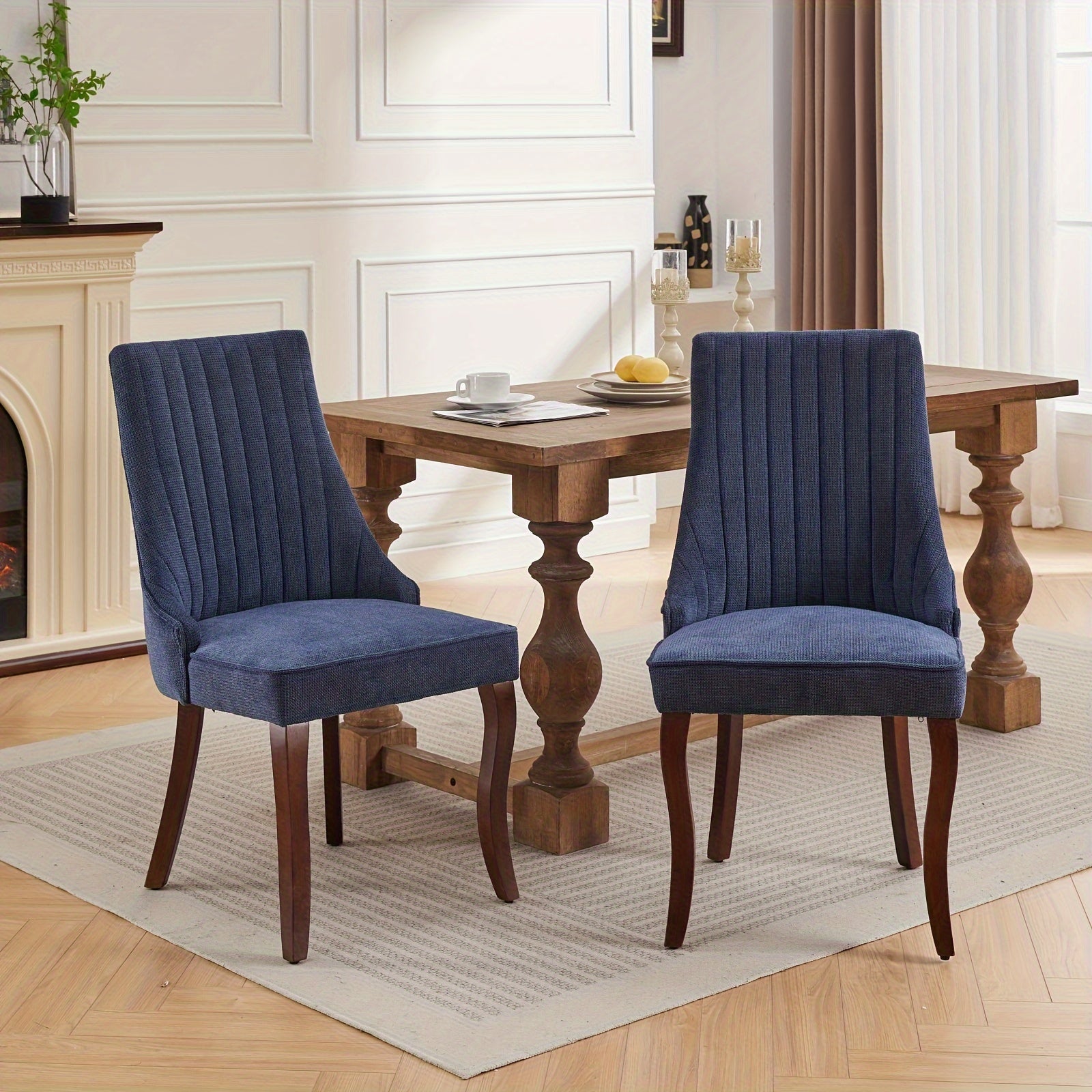 (Two Chairs) Artificial Silk Fabric Plush Linen Dining Chair Channel Kitchen Dining Chair Comfortable Fabric Cushioned Dining Chair With Curved Solid Wood Legs