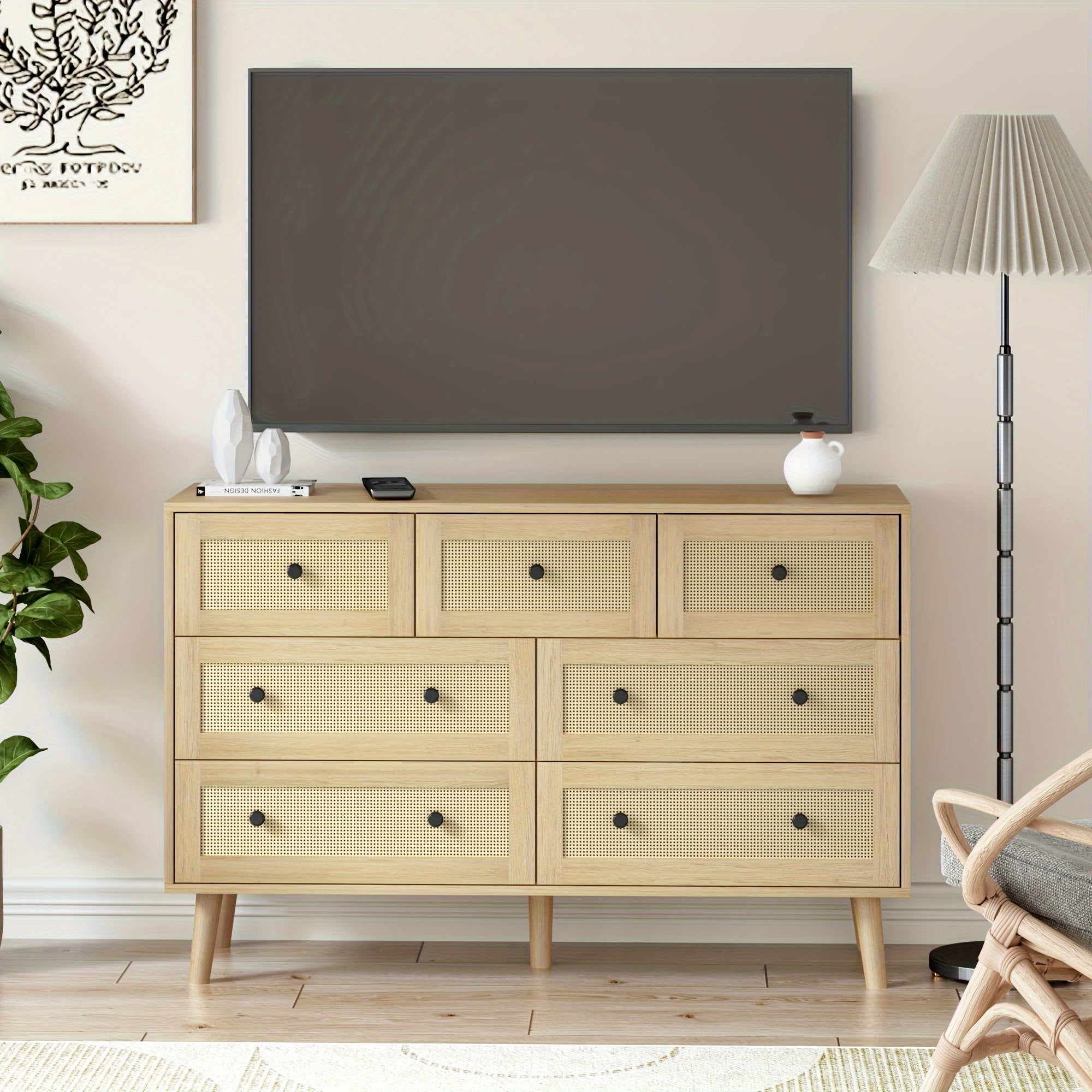 Natural Rattan Dresser For Bedroom Modern Wood 7 Drawer Dresser With Gold Handles - Dresser Westberry Furniture