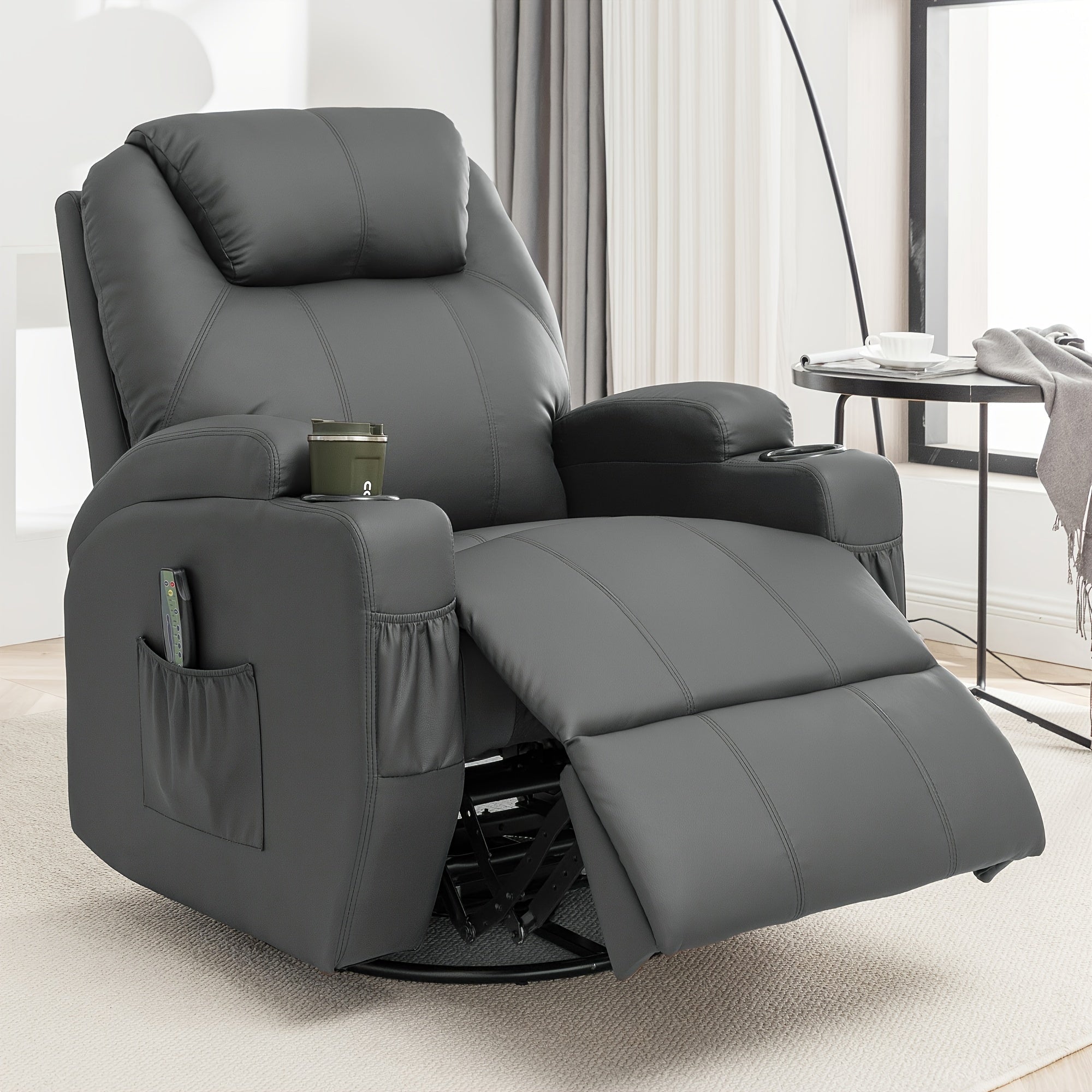 Recliner Chair, Rocking Chair With Massage And Heat, 360° Swivel Recliner Chairs For Adults, Rocker Manual Recliner With Remote Control And Cup Holder For Living Room, Bedroom, Gray, Manual