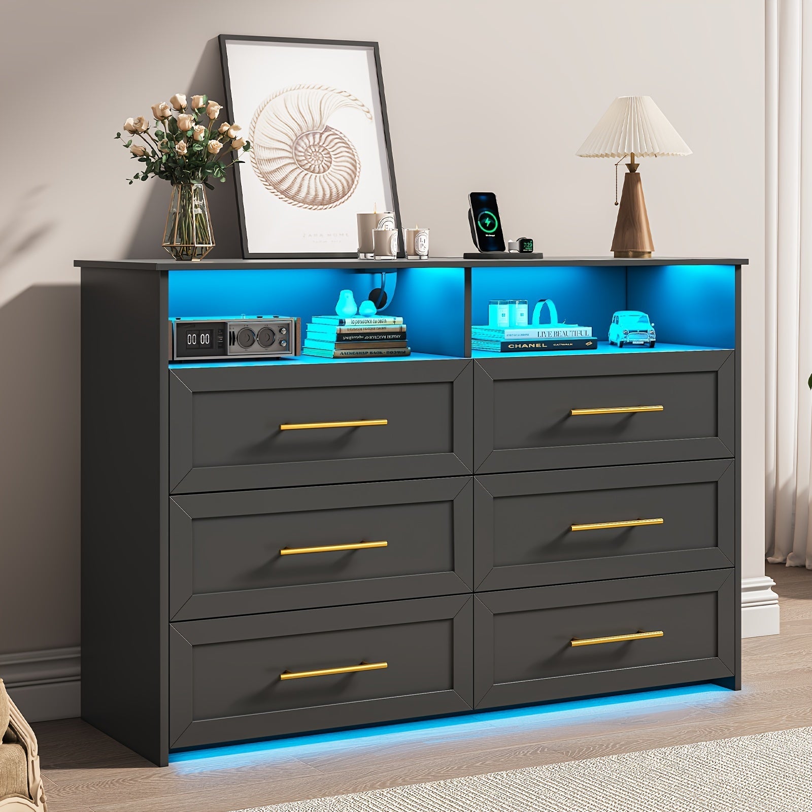 6 Drawer Wide Dresser for Bedroom, Modern Dresser with Led Light (Black)