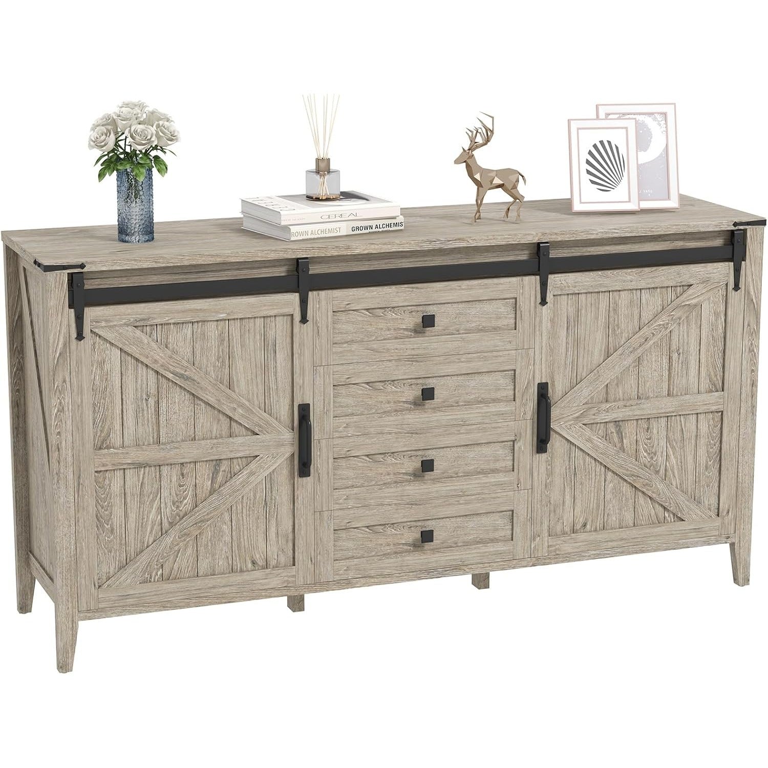 60 Inch Farmhouse 4 Drawers Dresser for Bedroom with Sliding Barn Doors, Natural Texture Wood Rustic Chest of Drawers for Living Room Bedroom Hallway Driftwood Gray