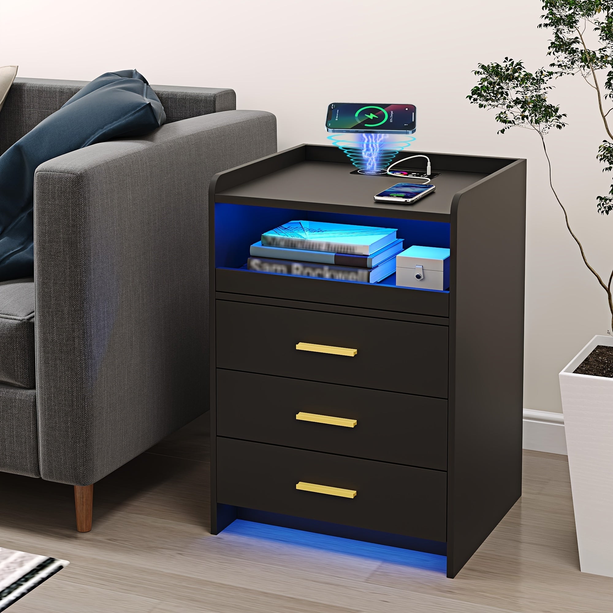 Nightstand With Wireless Charging Station Bedside Table With RGB Light & Human Sensor Design 3 Drawers LED Modern Night Stand End Table For Bedroom Livingroom Office- Black Storage Drawer Units