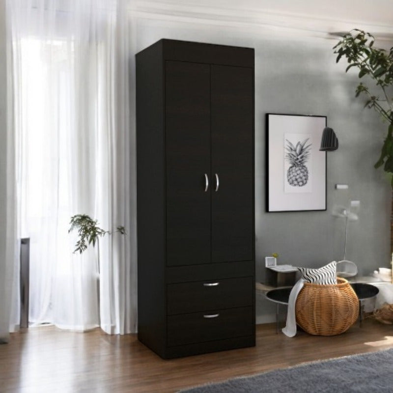 Chic Armoire with Dual Doors & Two Drawers - Sturdy Metal Handles, Perfect for Bedroom or Living Room Storage