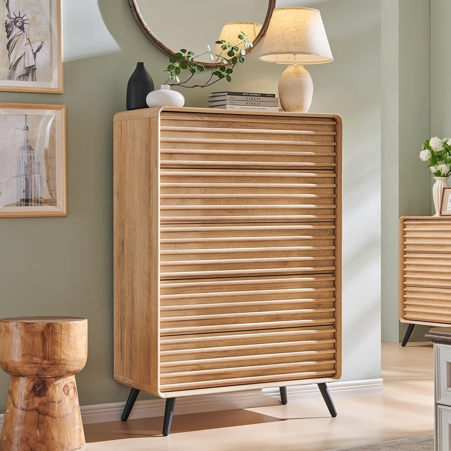 Mid-Century Modern 48’’ Wooden Fluted Dresser with 5 Drawers - Vintage Style Freestanding Chest of Drawers for Bedroom