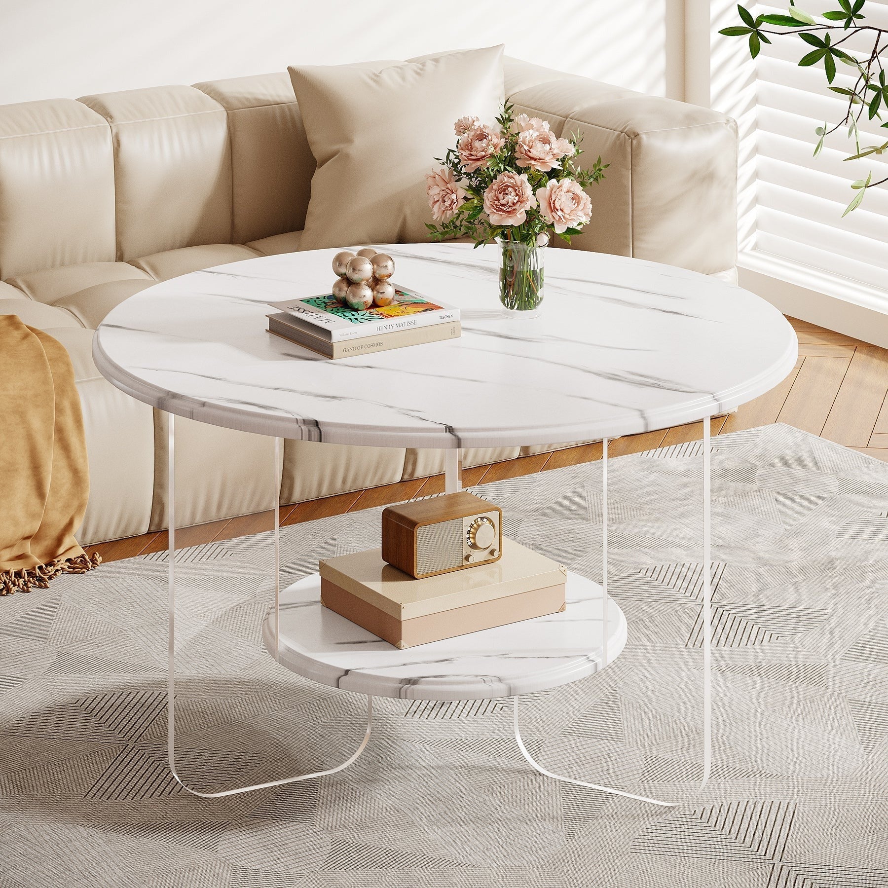 Chic 80cm Coffee Table with Faux Marble Top & Dual-Tier Clear Acrylic Frame - Durable Wood Construction