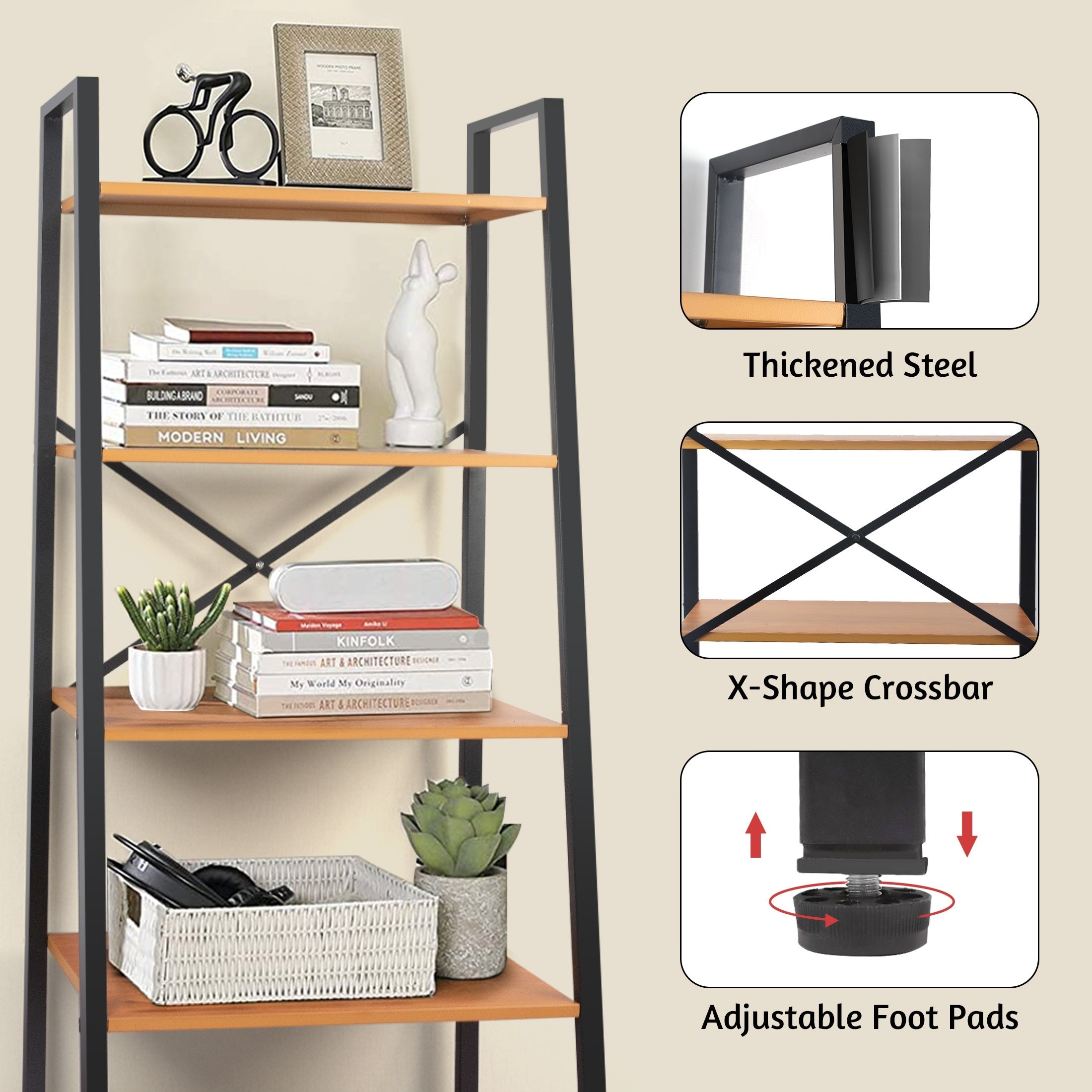 Ladder Shelf 5-Tier Free Standing Bookshelf With Adjustable Feet Metal Bookcase For Kitchen Bathroom Garage Small