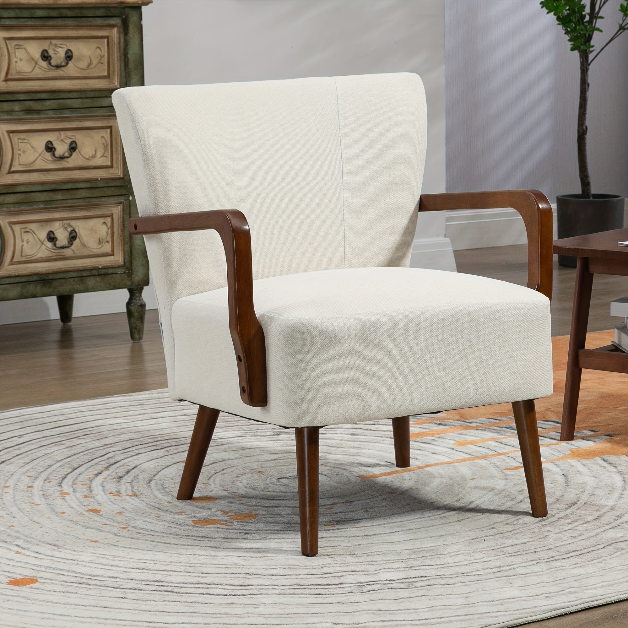 Fabric Accent Chair, Upholstered Leisure Armchair, Mid-Century Modern Chair with Wood legs for Living Room, Bedroom, Balcont