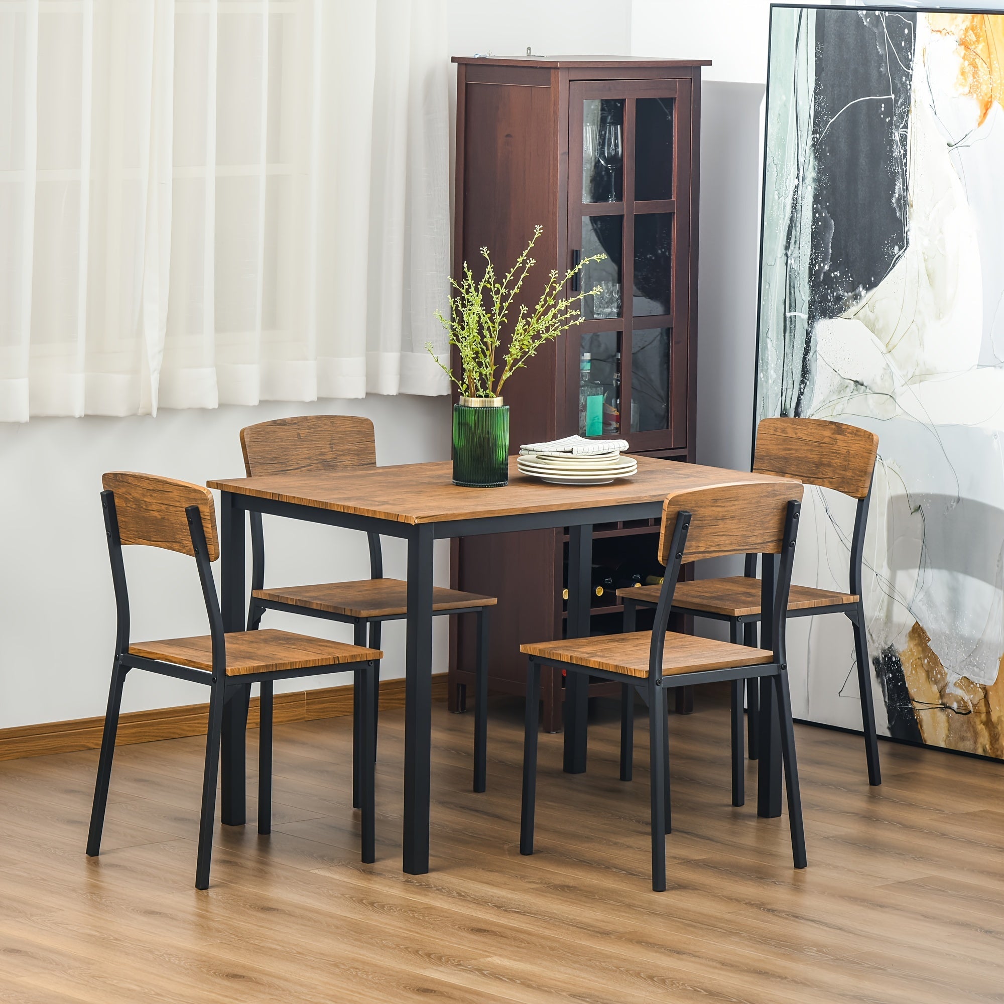 5 Piece Industrial Dining Table Set for 4, Rectangular Kitchen Table and Chairs, Dining Room Set for Small Space