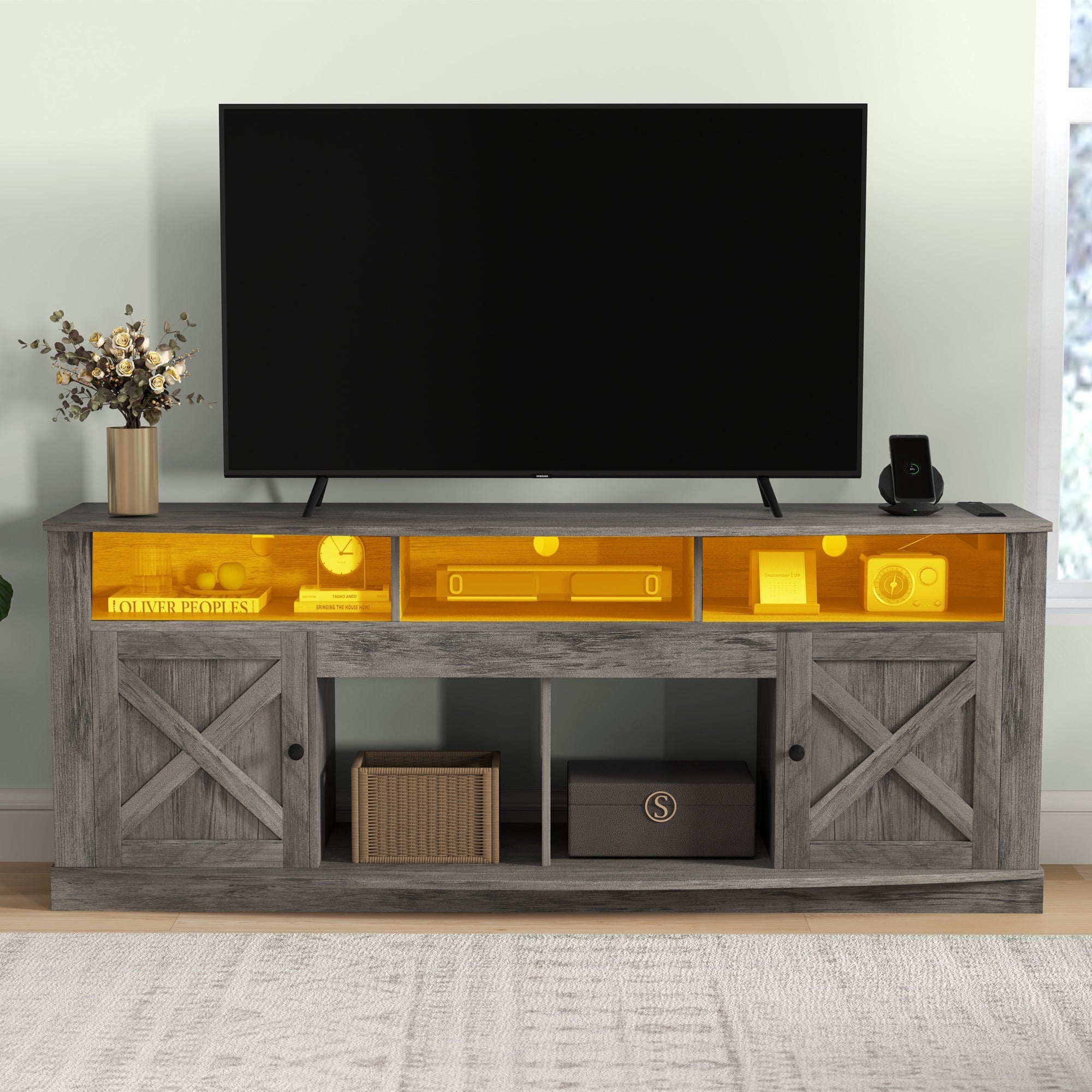 Farmhouse TV Stand for TVS up to 80 Inch, Entertainment Center with Power Outlet, TV Table with Barn Doors & Storage Cabinets, TV Console for Living Room, 70" Rustic Grey