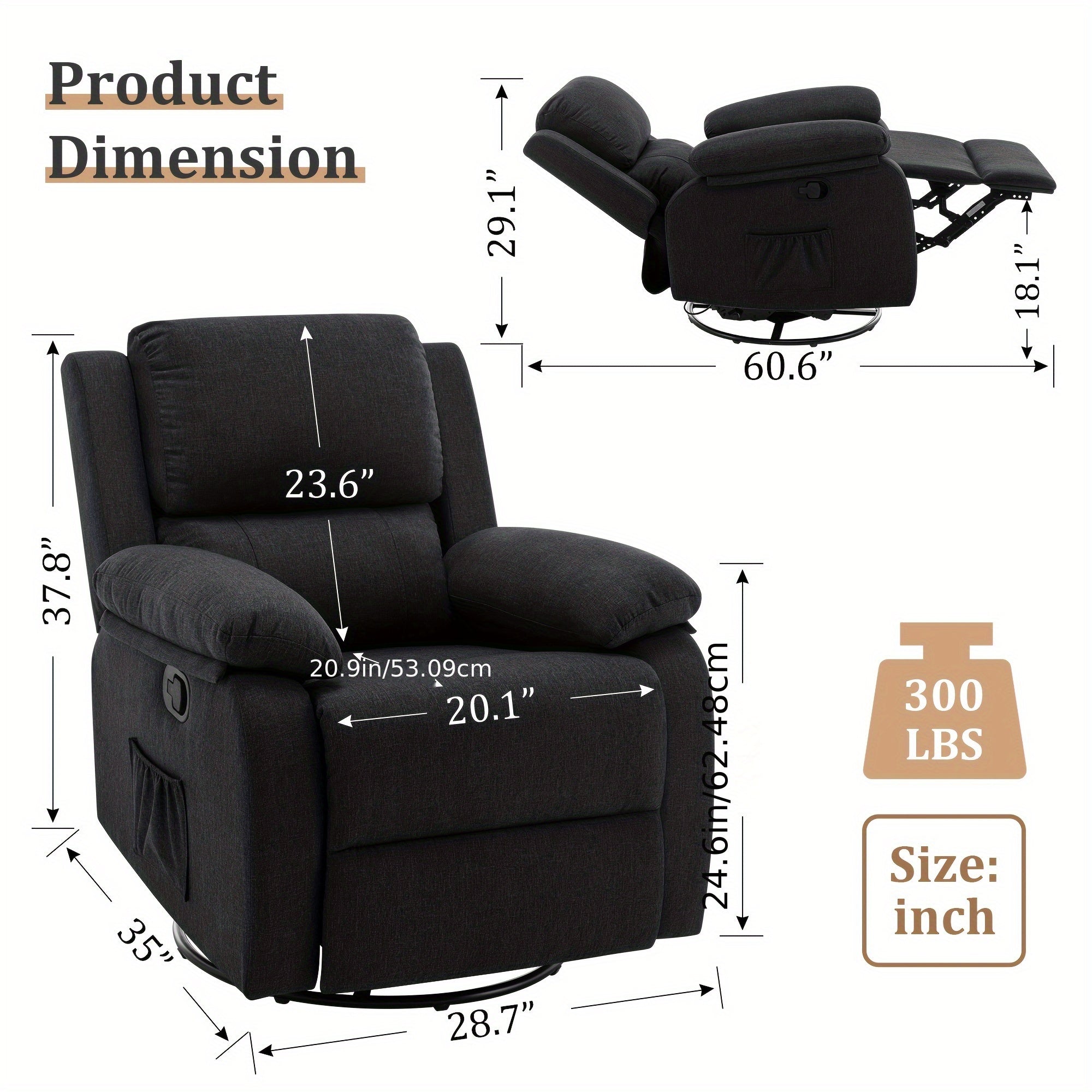 Compact 360° Swivel Recliner Chair with Side Pockets - Soft Linen Upholstery, Solid Back, Handle Control - Perfect for Small Spaces & Living Room - Black, Recliner Chair, 360° Swivel, Compact, Side Pockets