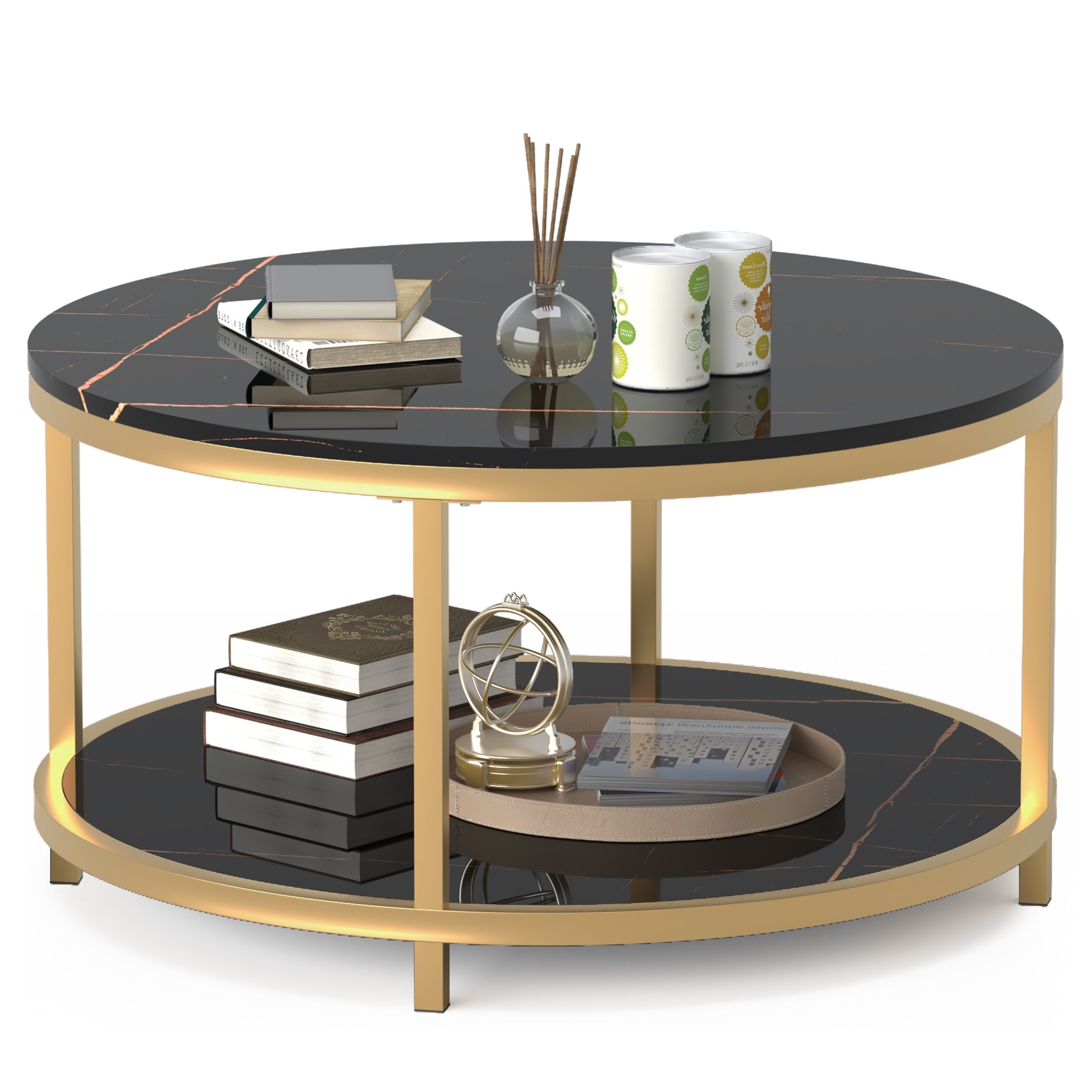 Round Coffee Table 33.5" Coffee Tables for Living Room High Glossy Faux Balck Marble Top Modern Circle Table Sturdy Golden Metal Frame Legs Cocktail Table with Storage Open Shelf