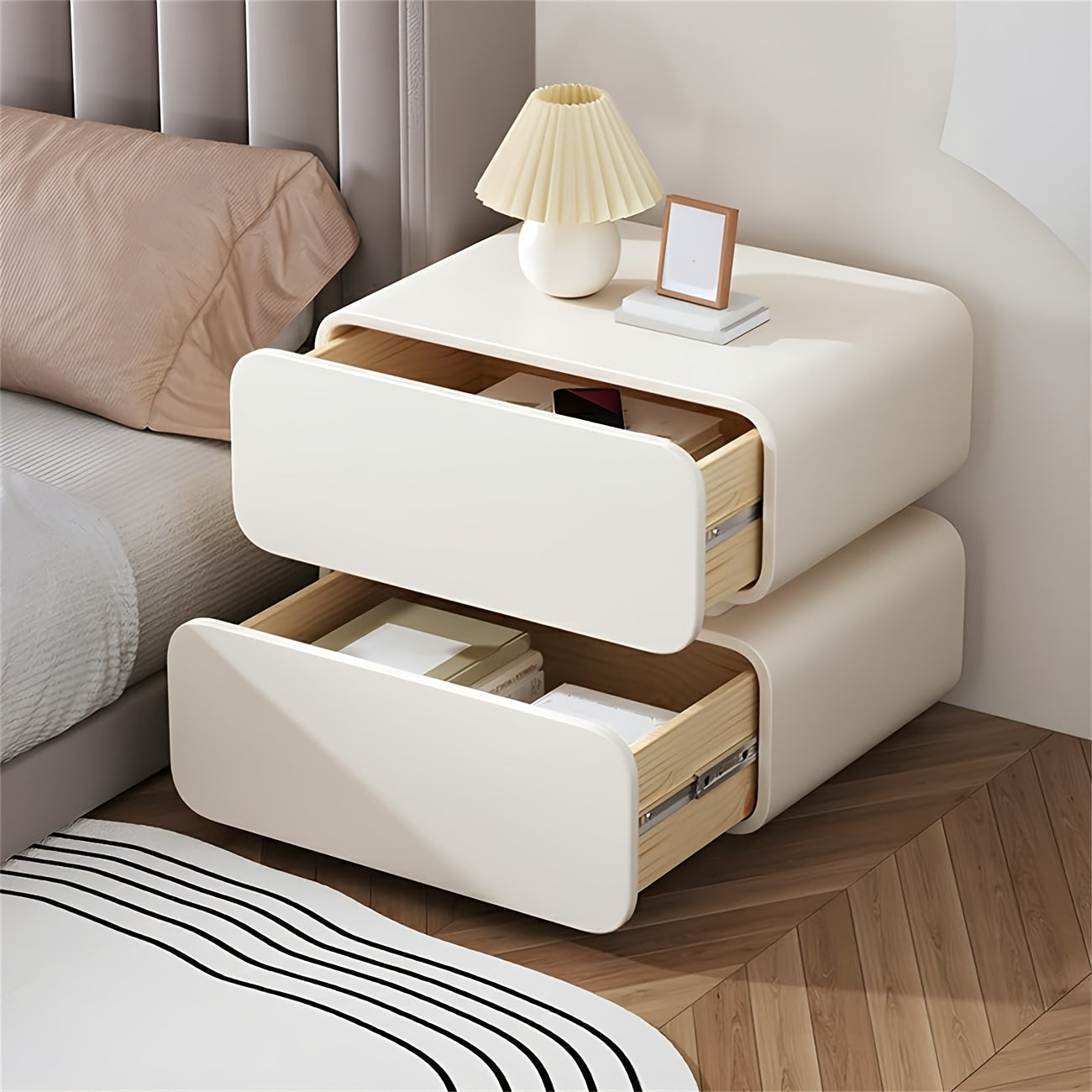 Wooden Nightstand Modern Bedside Table Elegant Bedroom Side Table With 2 Storage Drawers For Bedroom Living Room, Off-White