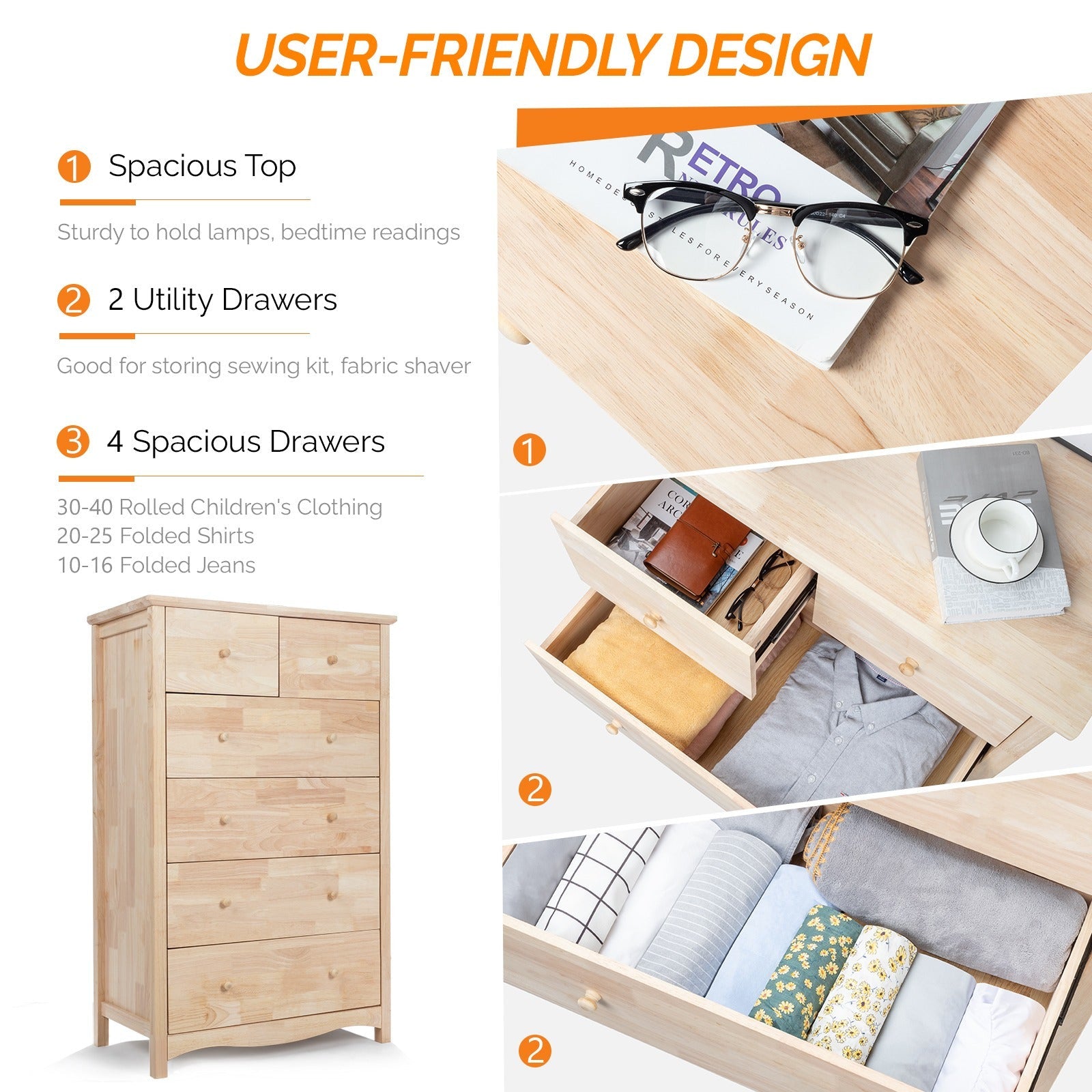 3/6 Drawer Dresser Natural Solid Wood Dresser Color DIY Upgraged Rustic Farmhouse Tall Dresser with Spacious Storage