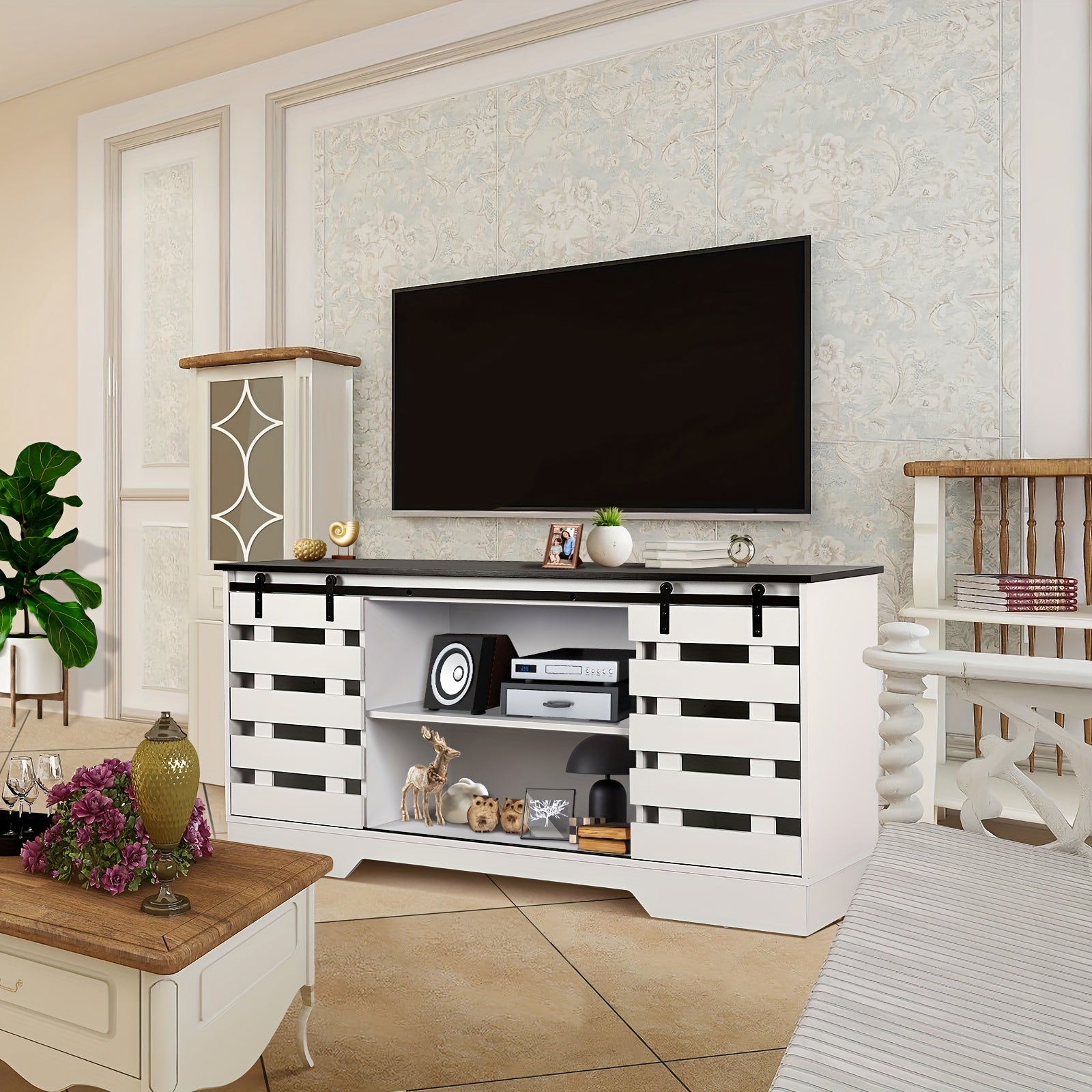Farmhouse TV Stand For Televisions Up To 65 Inches Modern Entertainment Center With Sliding Barn Doors Mid Century TV