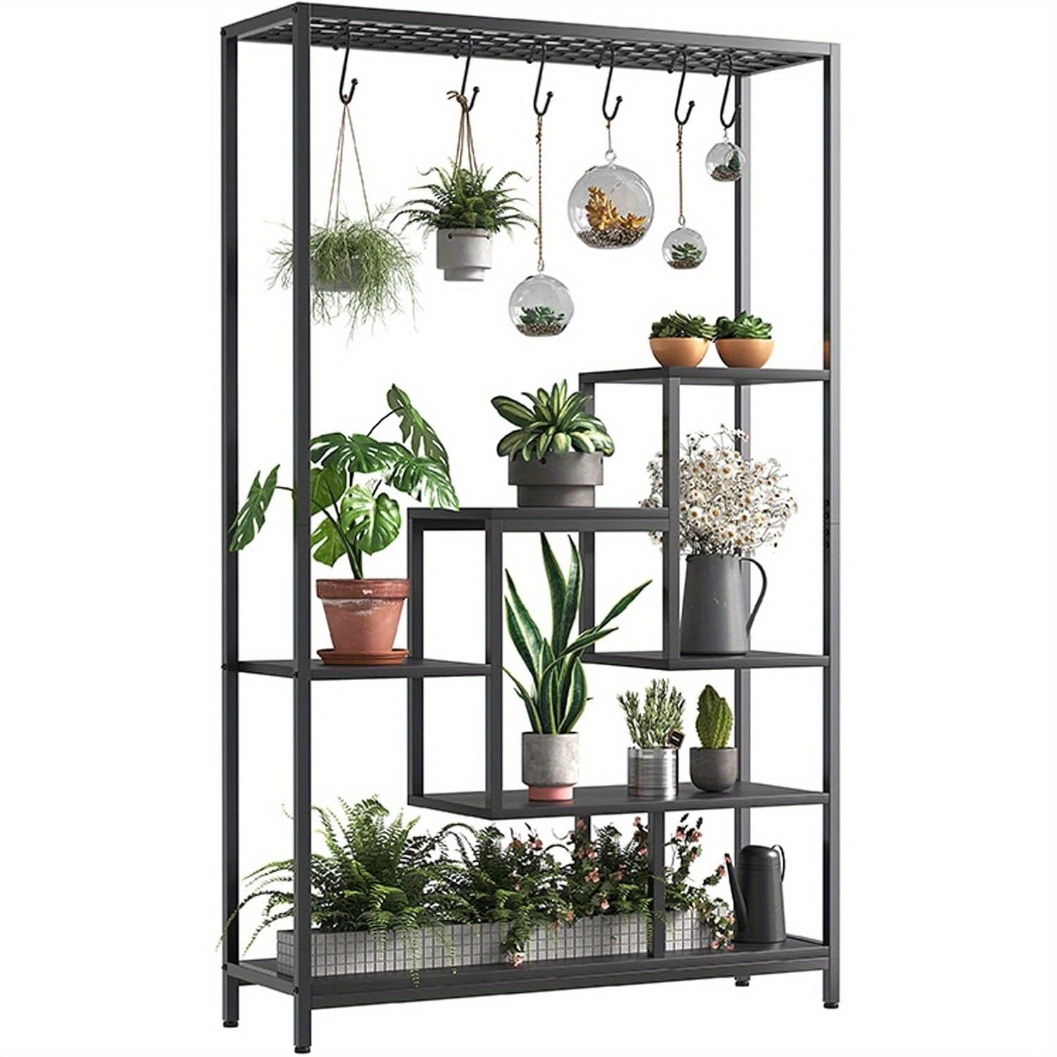 5-Tier Large Metal Plant Stand, 70.9 Inch Tall Indoor Shelf with 6 Hanging Hooks, Iron and Wood Flower Rack for Living Room, Balcony, Garden - Black, Plant Decor