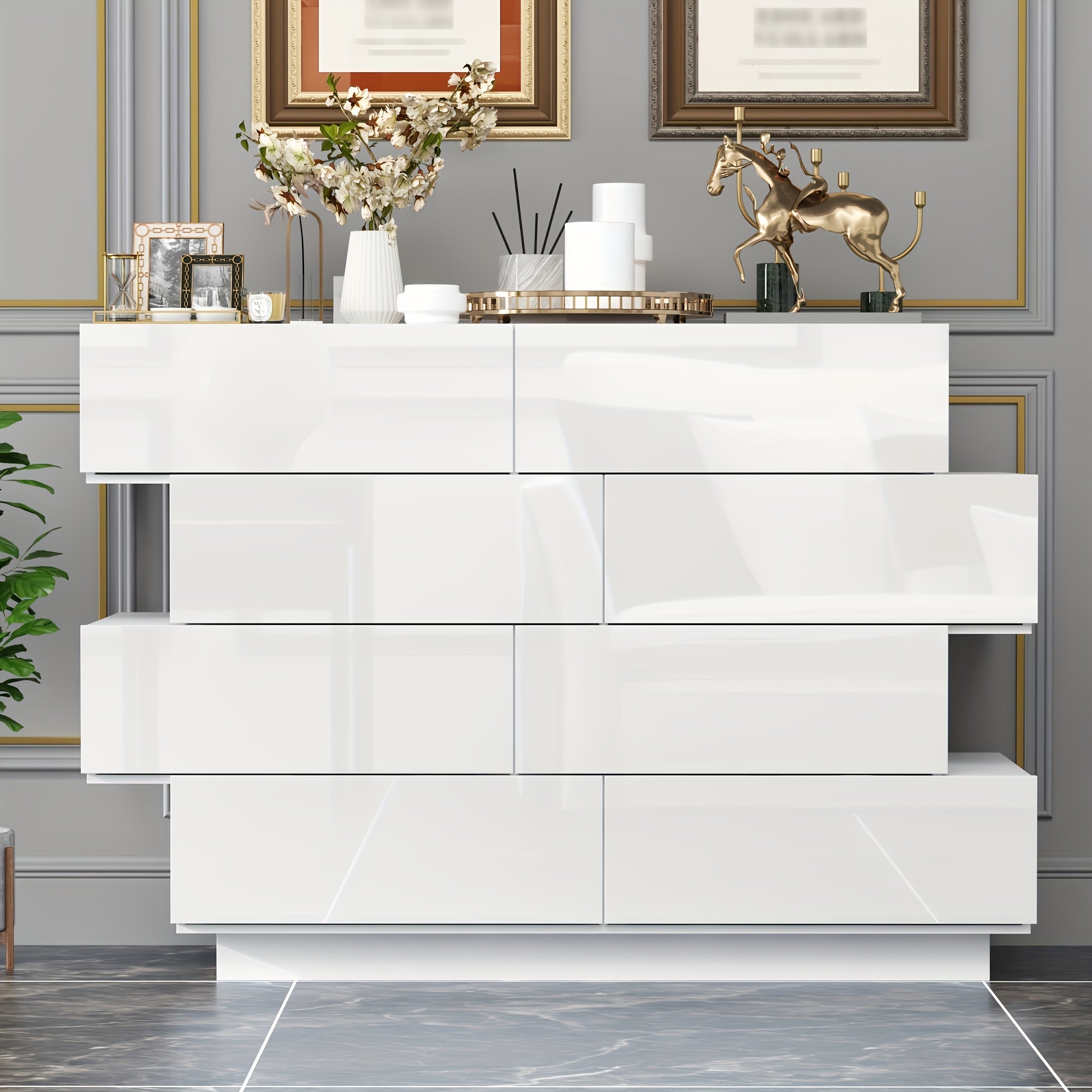 Modern Glossy Drawer Cabinet Storage Cabinet With 8 Drawers Asymmetrical Design Fashionable And Minimalist Design Large