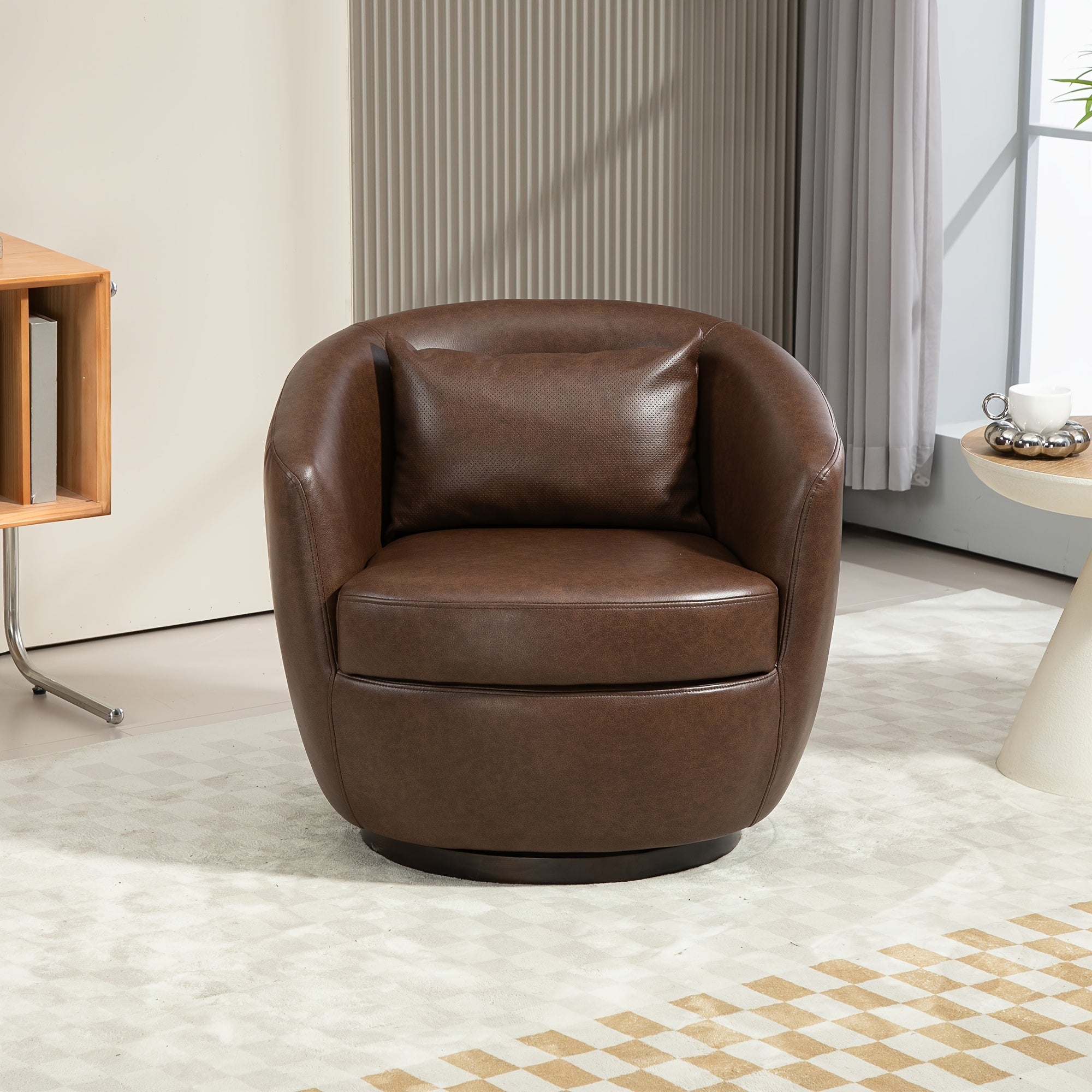 Upholstered Swivel Barrel Armchair With Storage Modern Living Room Side Chair For Bedroom/Office/Reading Spaces - PU Dark Brown